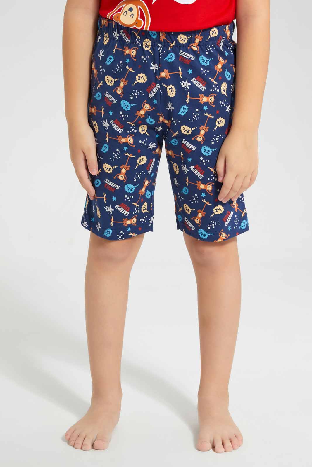 Redtag-Red-Animal-Print-T-Shirt-And-Printed-Short-SPJ-Set-BOY-Pyjama-Sets,-Category:Pyjama-Sets,-Colour:Red,-Deals:New-In,-Filter:Boys-(2-to-8-Yrs),-New-In-BOY-APL,-Non-Sale,-PPE,-Section:Boys-(0-to-14Yrs),-W22O-Boys-2 to 8 Years