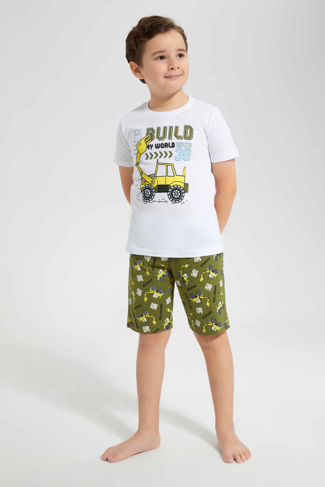 Redtag-White-truck-Print-T-Shirt-And-Printed-Shorts-SPJ-Set-BOY-Pyjama-Sets,-Category:Pyjama-Sets,-Colour:White,-Deals:New-In,-Filter:Boys-(2-to-8-Yrs),-New-In-BOY-APL,-Non-Sale,-PPE,-Section:Boys-(0-to-14Yrs),-W22O-Boys-2 to 8 Years