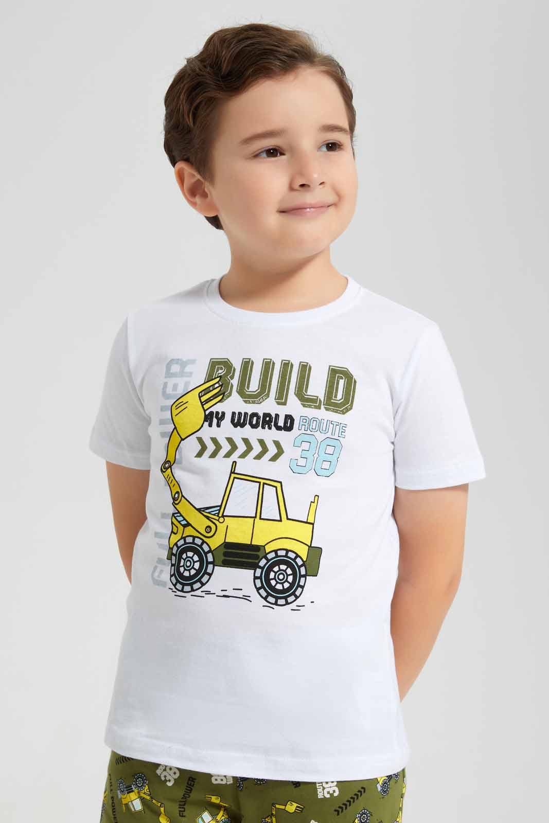 Redtag-White-truck-Print-T-Shirt-And-Printed-Shorts-SPJ-Set-BOY-Pyjama-Sets,-Category:Pyjama-Sets,-Colour:White,-Deals:New-In,-Filter:Boys-(2-to-8-Yrs),-New-In-BOY-APL,-Non-Sale,-PPE,-Section:Boys-(0-to-14Yrs),-W22O-Boys-2 to 8 Years