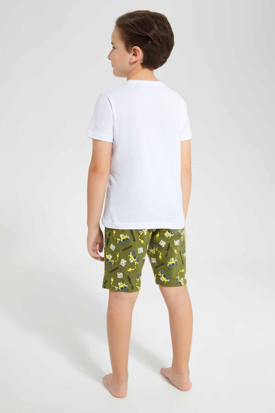 Redtag-White-truck-Print-T-Shirt-And-Printed-Shorts-SPJ-Set-BOY-Pyjama-Sets,-Category:Pyjama-Sets,-Colour:White,-Deals:New-In,-Filter:Boys-(2-to-8-Yrs),-New-In-BOY-APL,-Non-Sale,-PPE,-Section:Boys-(0-to-14Yrs),-W22O-Boys-2 to 8 Years