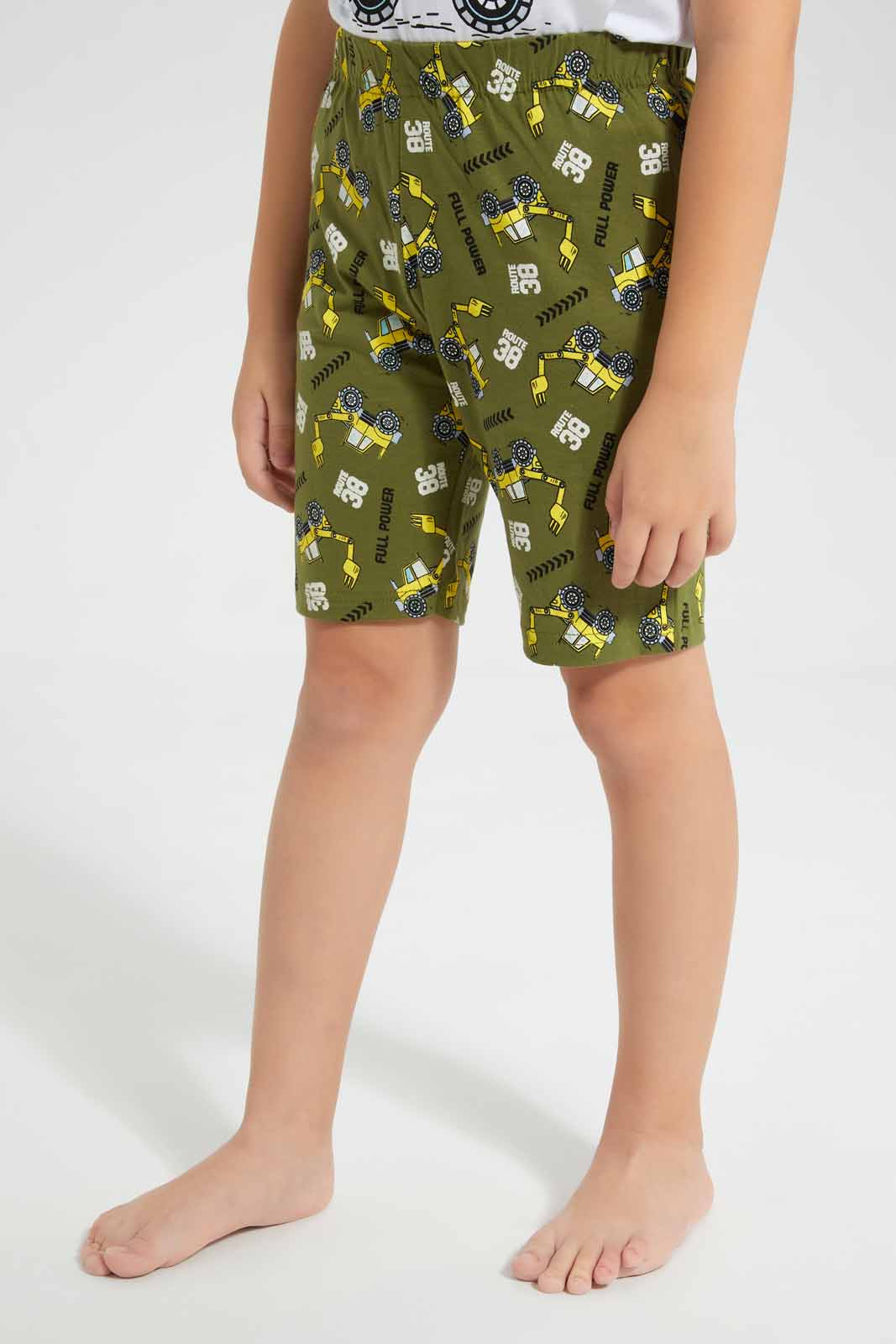 Redtag-White-truck-Print-T-Shirt-And-Printed-Shorts-SPJ-Set-BOY-Pyjama-Sets,-Category:Pyjama-Sets,-Colour:White,-Deals:New-In,-Filter:Boys-(2-to-8-Yrs),-New-In-BOY-APL,-Non-Sale,-PPE,-Section:Boys-(0-to-14Yrs),-W22O-Boys-2 to 8 Years