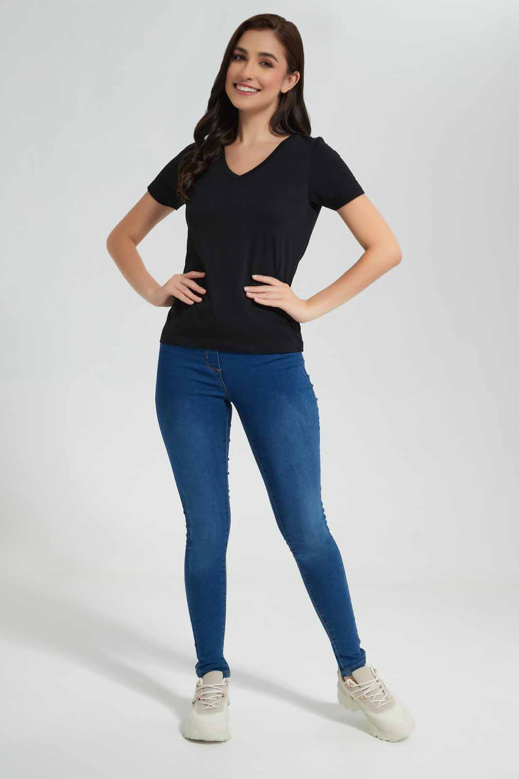 Redtag-Black-Short-Sleeve-V-Neck-T-Shirt-Category:T-Shirts,-Colour:Black,-Deals:New-In,-Filter:Women's-Clothing,-New-In-Women,-Non-Sale,-Section:Women,-TBL,-W22O,-Women-T-Shirts-Women's-