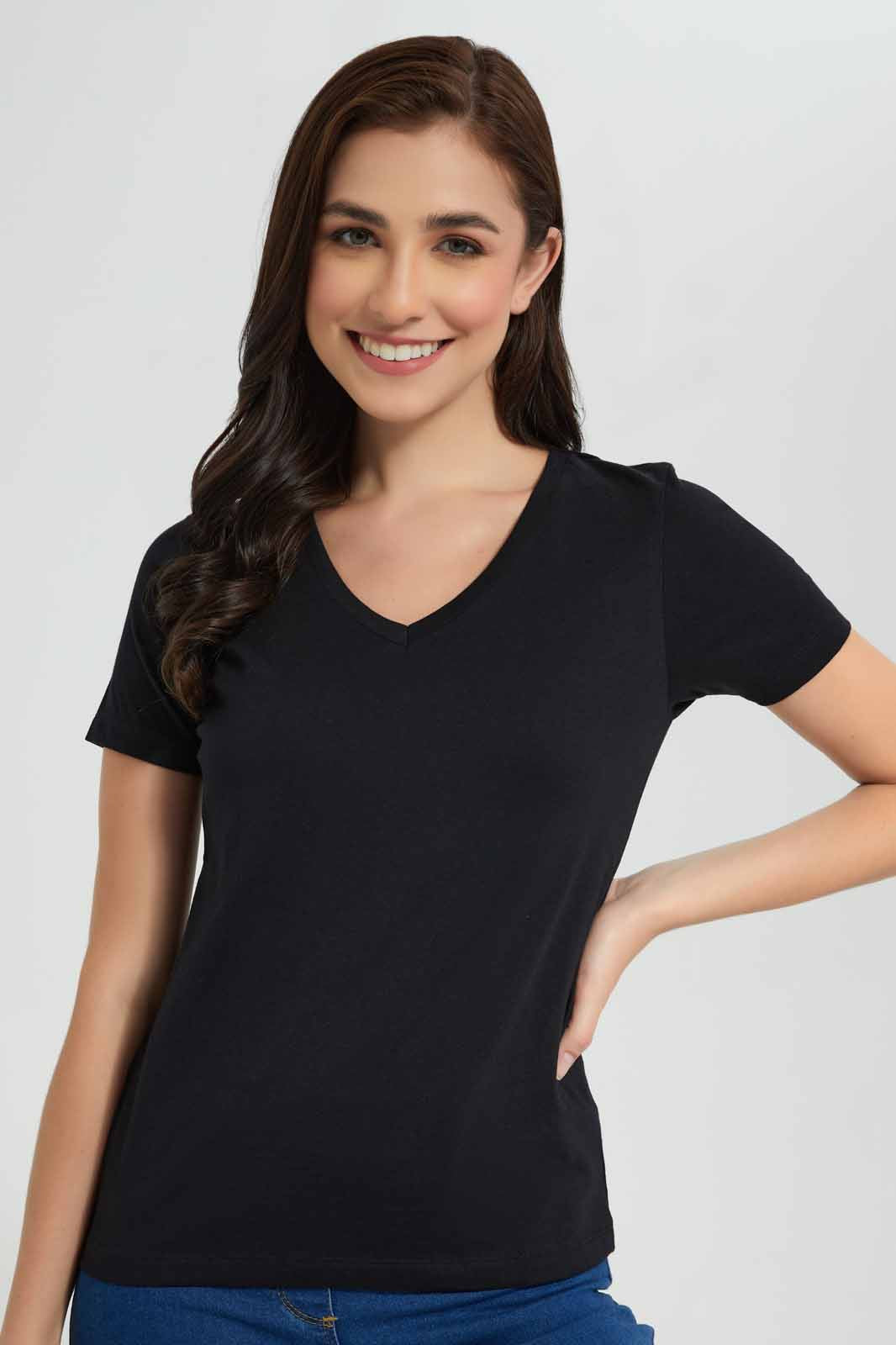 Redtag-Black-Short-Sleeve-V-Neck-T-Shirt-Category:T-Shirts,-Colour:Black,-Deals:New-In,-Filter:Women's-Clothing,-New-In-Women,-Non-Sale,-Section:Women,-TBL,-W22O,-Women-T-Shirts-Women's-