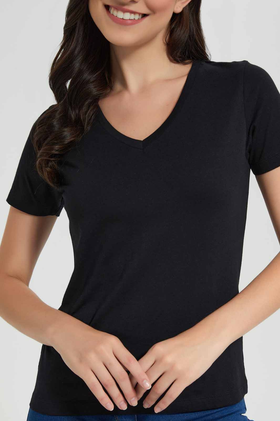 Redtag-Black-Short-Sleeve-V-Neck-T-Shirt-Category:T-Shirts,-Colour:Black,-Deals:New-In,-Filter:Women's-Clothing,-New-In-Women,-Non-Sale,-Section:Women,-TBL,-W22O,-Women-T-Shirts-Women's-