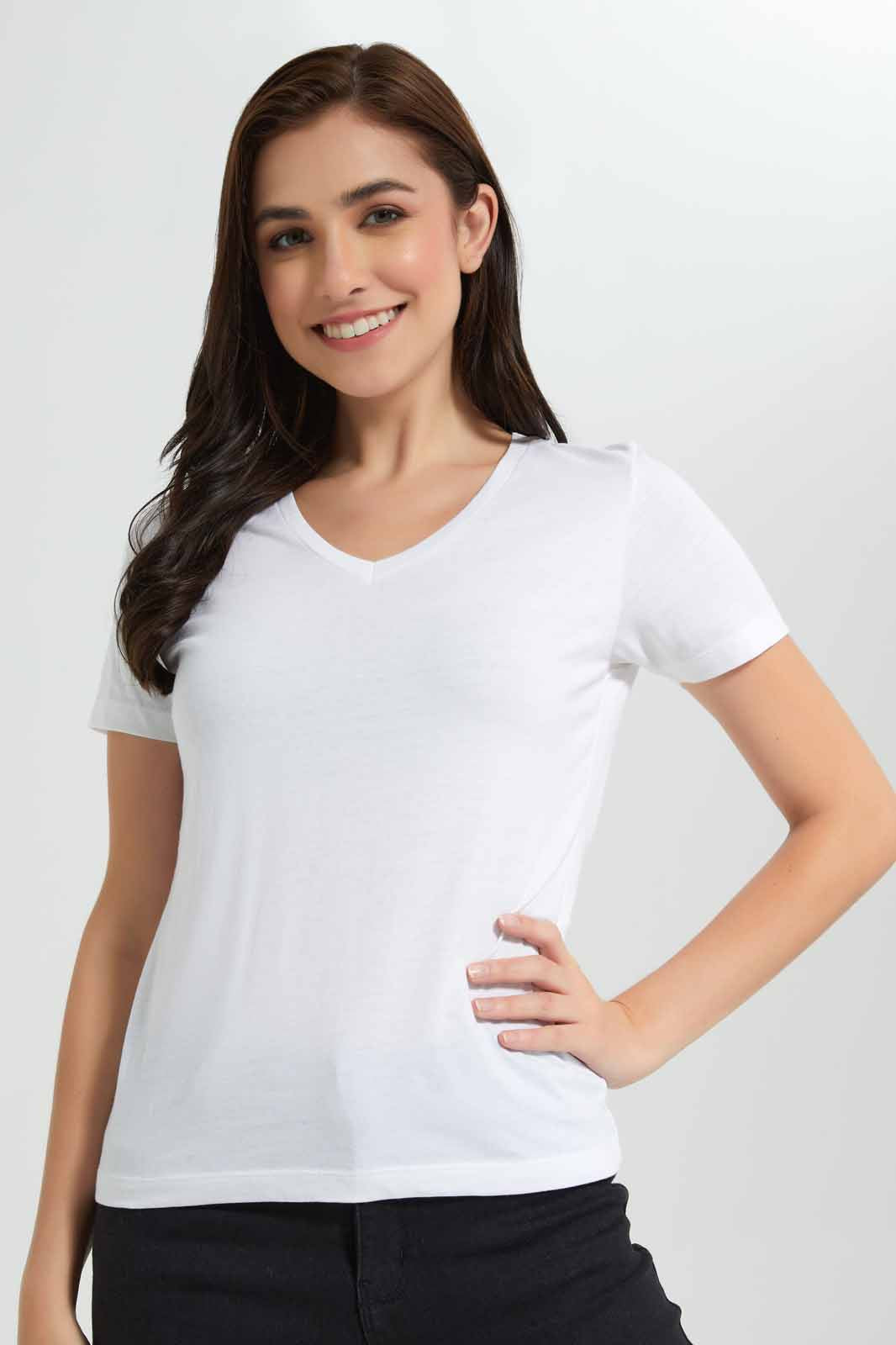 Redtag-White-Short-Sleeve-V-Neck-T-Shirt-Category:T-Shirts,-Colour:White,-Deals:New-In,-Filter:Women's-Clothing,-New-In-Women,-Non-Sale,-Section:Women,-TBL,-W22O,-Women-T-Shirts-Women's-