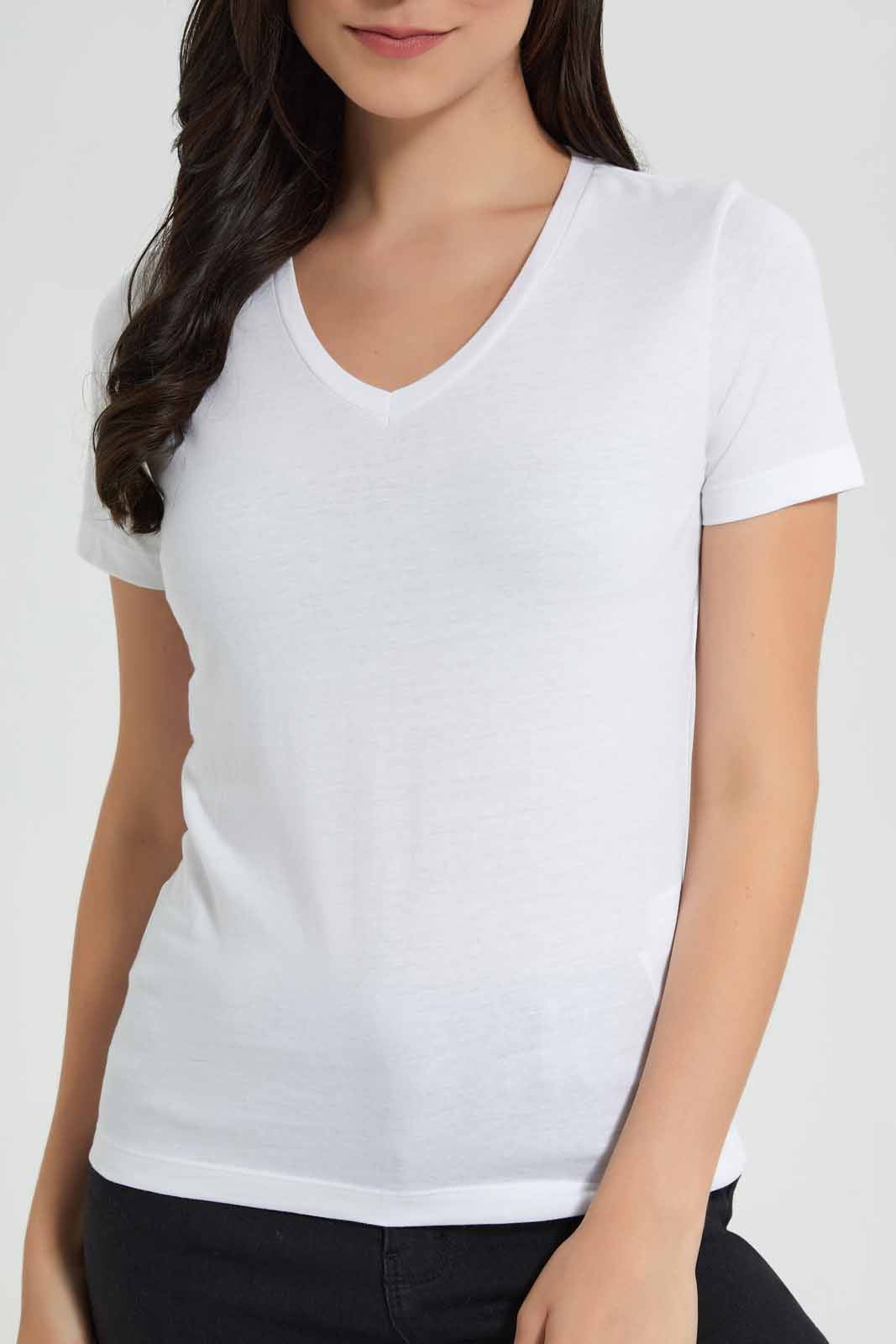 Redtag-White-Short-Sleeve-V-Neck-T-Shirt-Category:T-Shirts,-Colour:White,-Deals:New-In,-Filter:Women's-Clothing,-New-In-Women,-Non-Sale,-Section:Women,-TBL,-W22O,-Women-T-Shirts-Women's-