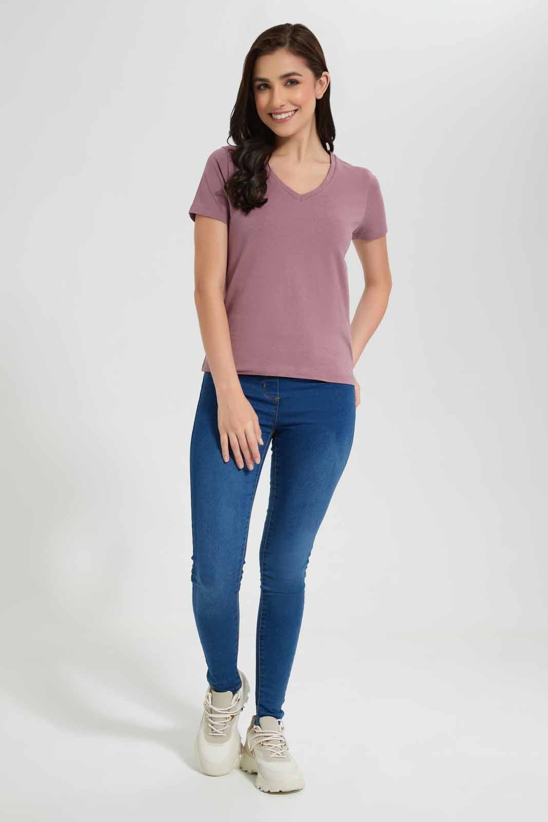 Redtag-Pink-Short-Sleeve-V-Neck-T-Shirt-Category:T-Shirts,-Colour:Apricot,-Deals:New-In,-Filter:Women's-Clothing,-New-In-Women,-Non-Sale,-Section:Women,-TBL,-W22O,-Women-T-Shirts-Women's-