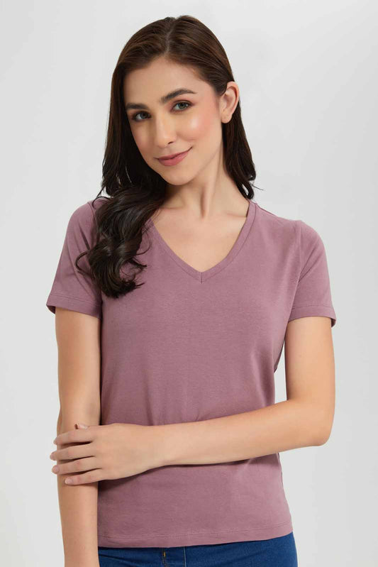 Redtag-Pink-Short-Sleeve-V-Neck-T-Shirt-Category:T-Shirts,-Colour:Apricot,-Deals:New-In,-Filter:Women's-Clothing,-New-In-Women,-Non-Sale,-Section:Women,-TBL,-W22O,-Women-T-Shirts-Women's-