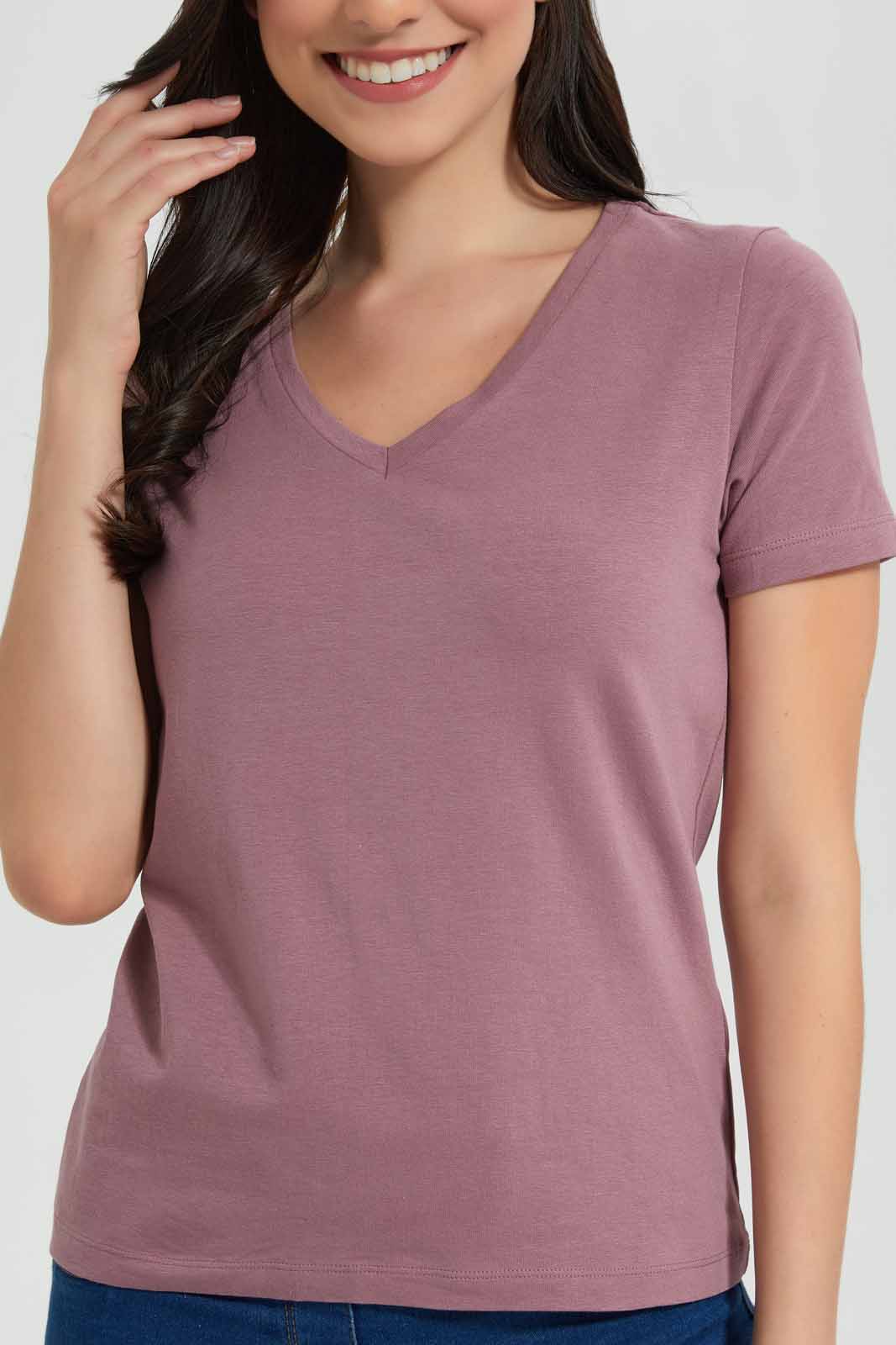 Redtag-Pink-Short-Sleeve-V-Neck-T-Shirt-Category:T-Shirts,-Colour:Apricot,-Deals:New-In,-Filter:Women's-Clothing,-New-In-Women,-Non-Sale,-Section:Women,-TBL,-W22O,-Women-T-Shirts-Women's-