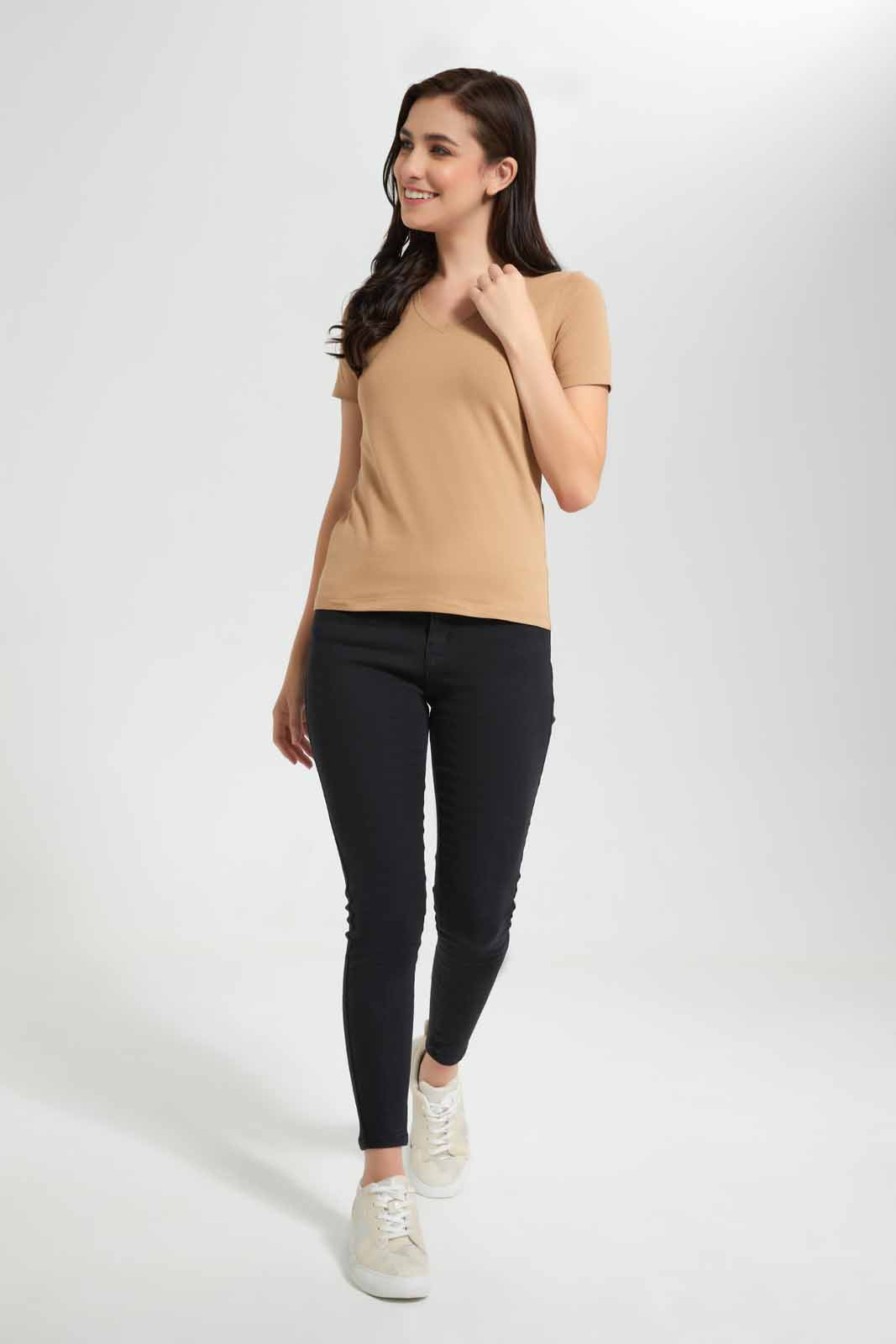 Redtag-Brown-Short-Sleeve-V-Neck-T-Shirt-Category:T-Shirts,-Colour:Brown,-Deals:New-In,-Filter:Women's-Clothing,-New-In-Women,-Non-Sale,-Section:Women,-TBL,-W22O,-Women-T-Shirts-Women's-