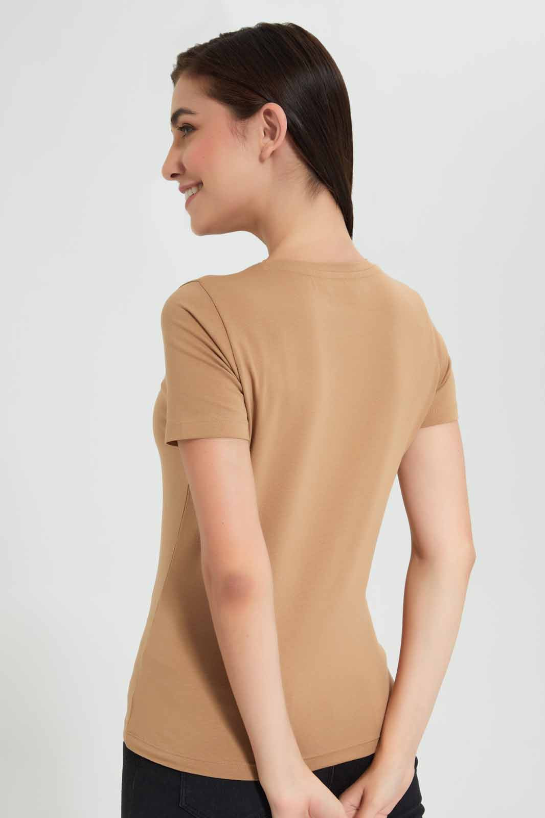 Redtag-Brown-Short-Sleeve-V-Neck-T-Shirt-Category:T-Shirts,-Colour:Brown,-Deals:New-In,-Filter:Women's-Clothing,-New-In-Women,-Non-Sale,-Section:Women,-TBL,-W22O,-Women-T-Shirts-Women's-
