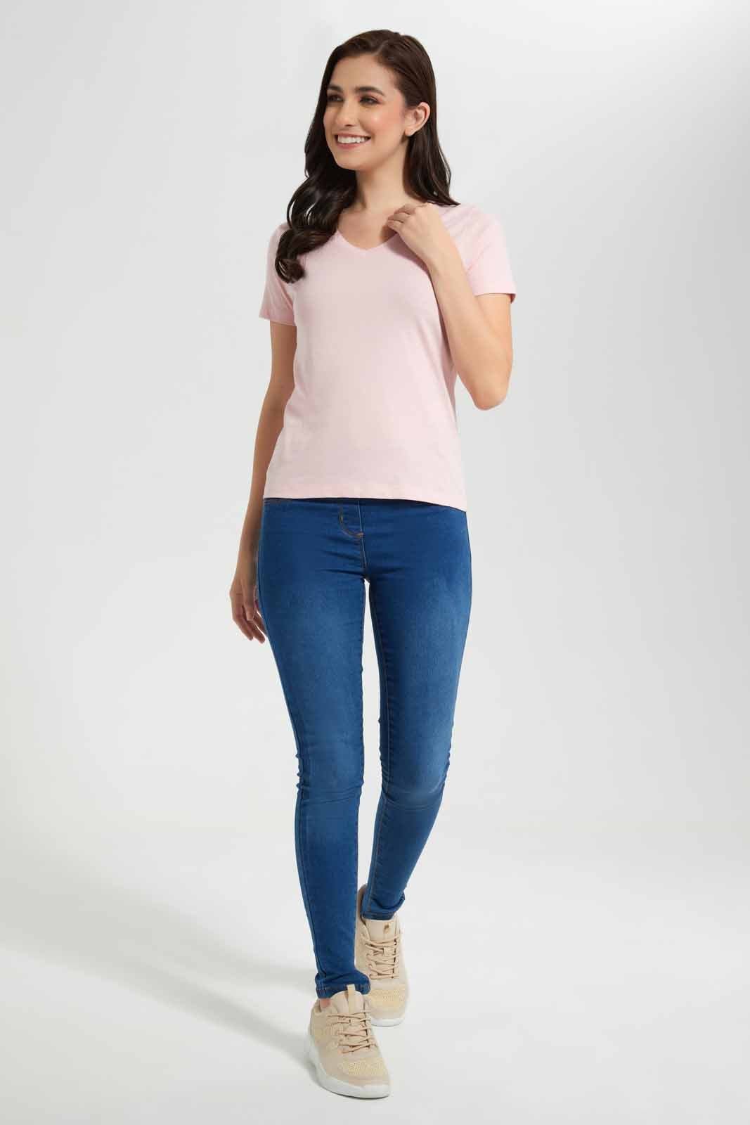 Redtag-Mauve-Short-Sleeve-V-Neck-T-Shirt-Category:T-Shirts,-Colour:Mauve,-Deals:New-In,-Filter:Women's-Clothing,-New-In-Women,-Non-Sale,-Section:Women,-TBL,-W22O,-Women-T-Shirts-Women's-