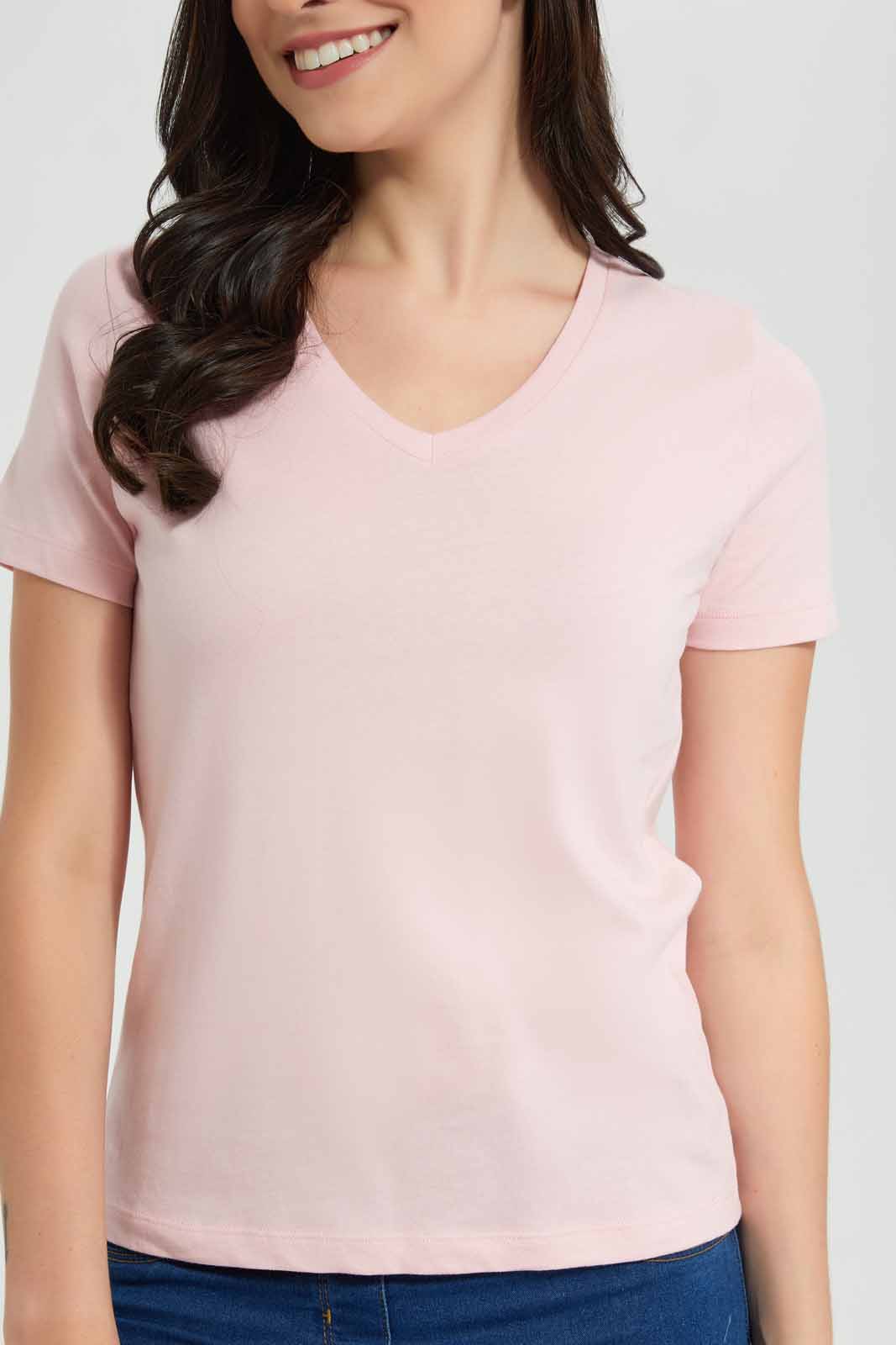 Redtag-Mauve-Short-Sleeve-V-Neck-T-Shirt-Category:T-Shirts,-Colour:Mauve,-Deals:New-In,-Filter:Women's-Clothing,-New-In-Women,-Non-Sale,-Section:Women,-TBL,-W22O,-Women-T-Shirts-Women's-