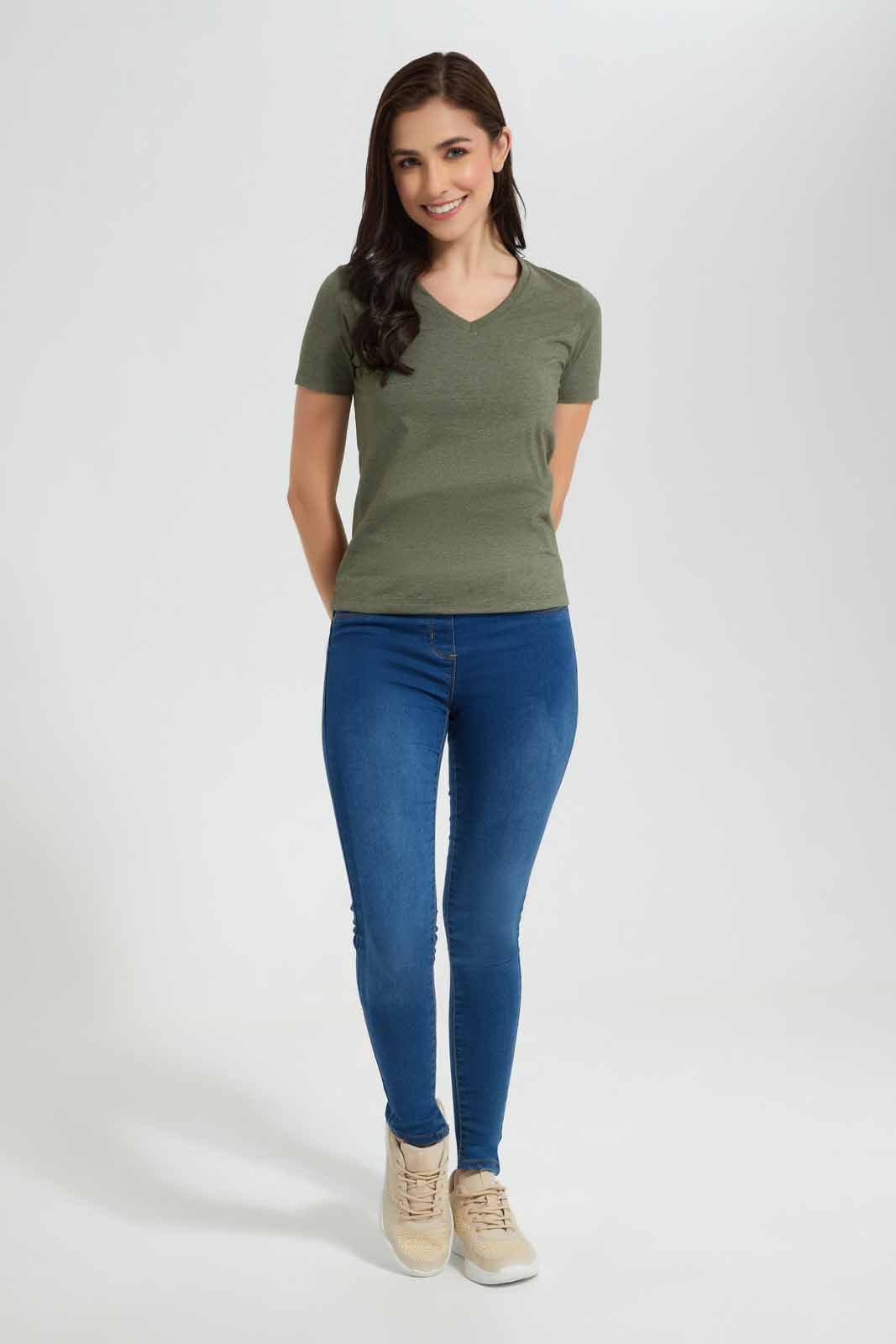 Redtag-Olive-Short-Sleeve-V-Neck-T-Shirt-Category:T-Shirts,-Colour:Olive,-Deals:New-In,-Filter:Women's-Clothing,-New-In-Women,-Non-Sale,-Section:Women,-TBL,-W22O,-Women-T-Shirts-Women's-