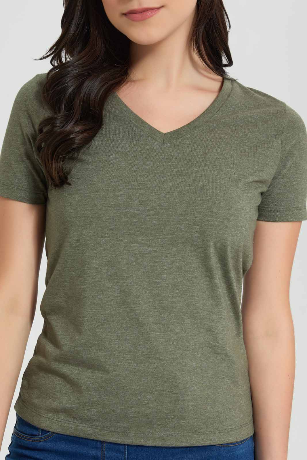 Redtag-Olive-Short-Sleeve-V-Neck-T-Shirt-Category:T-Shirts,-Colour:Olive,-Deals:New-In,-Filter:Women's-Clothing,-New-In-Women,-Non-Sale,-Section:Women,-TBL,-W22O,-Women-T-Shirts-Women's-