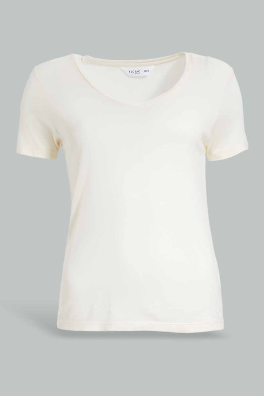 Redtag-Ivory-Short-Sleeve-V-Neck-T-Shirt-Category:T-Shirts,-Colour:Ivory,-Deals:New-In,-Filter:Women's-Clothing,-New-In-Women-APL,-Non-Sale,-Section:Women,-TBL,-W22O,-Women-T-Shirts-Women's-
