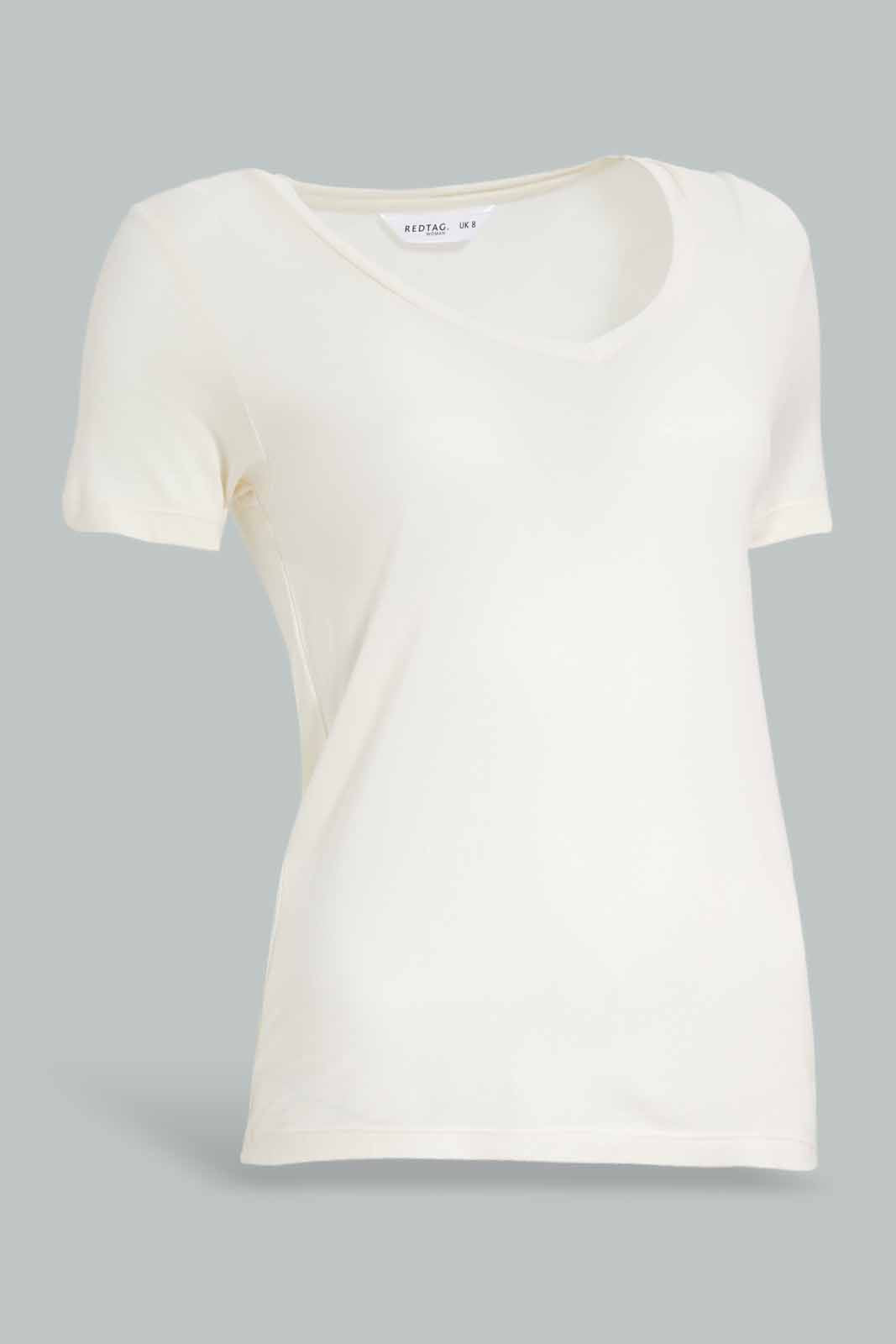 Redtag-Ivory-Short-Sleeve-V-Neck-T-Shirt-Category:T-Shirts,-Colour:Ivory,-Deals:New-In,-Filter:Women's-Clothing,-New-In-Women-APL,-Non-Sale,-Section:Women,-TBL,-W22O,-Women-T-Shirts-Women's-