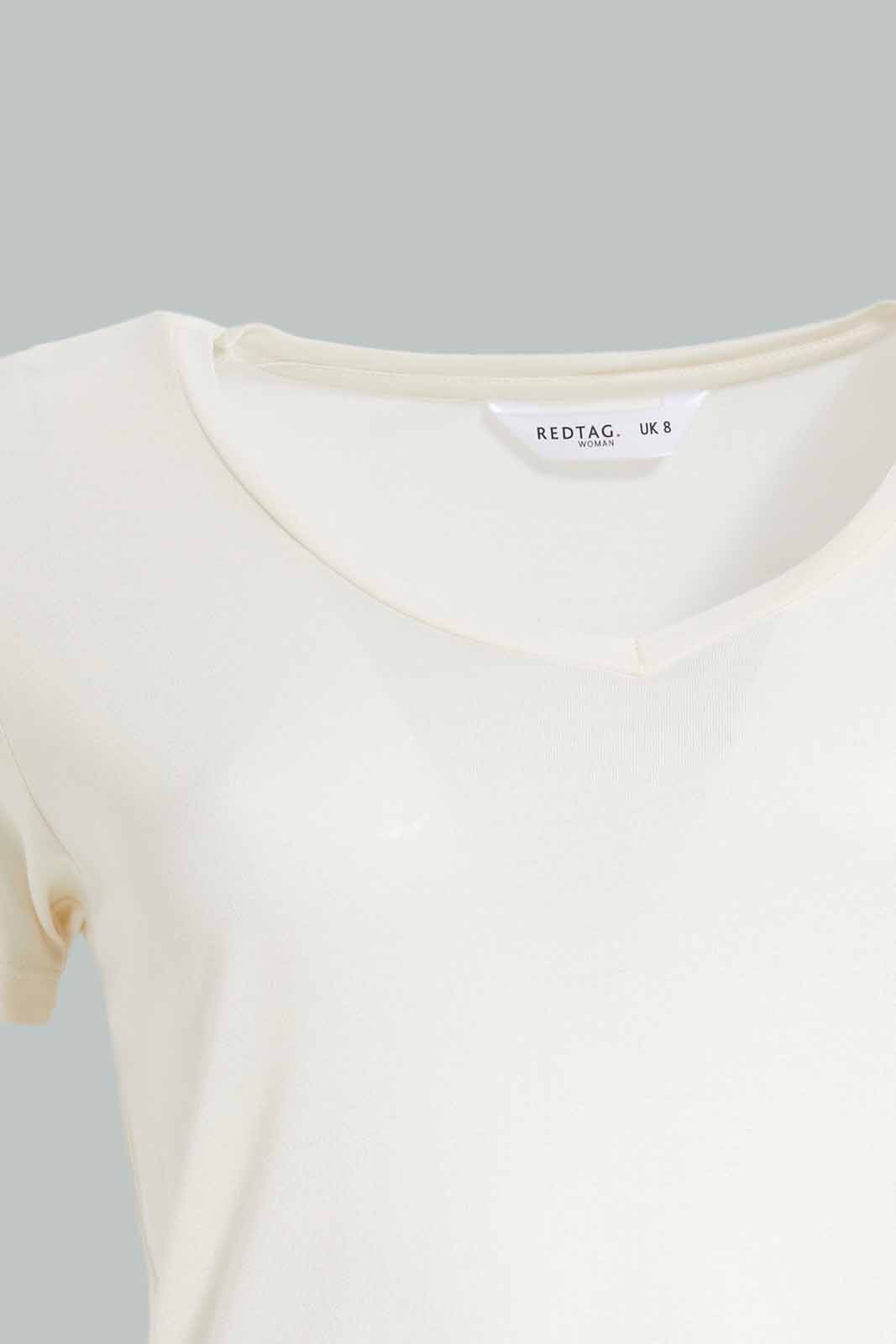 Redtag-Ivory-Short-Sleeve-V-Neck-T-Shirt-Category:T-Shirts,-Colour:Ivory,-Deals:New-In,-Filter:Women's-Clothing,-New-In-Women-APL,-Non-Sale,-Section:Women,-TBL,-W22O,-Women-T-Shirts-Women's-