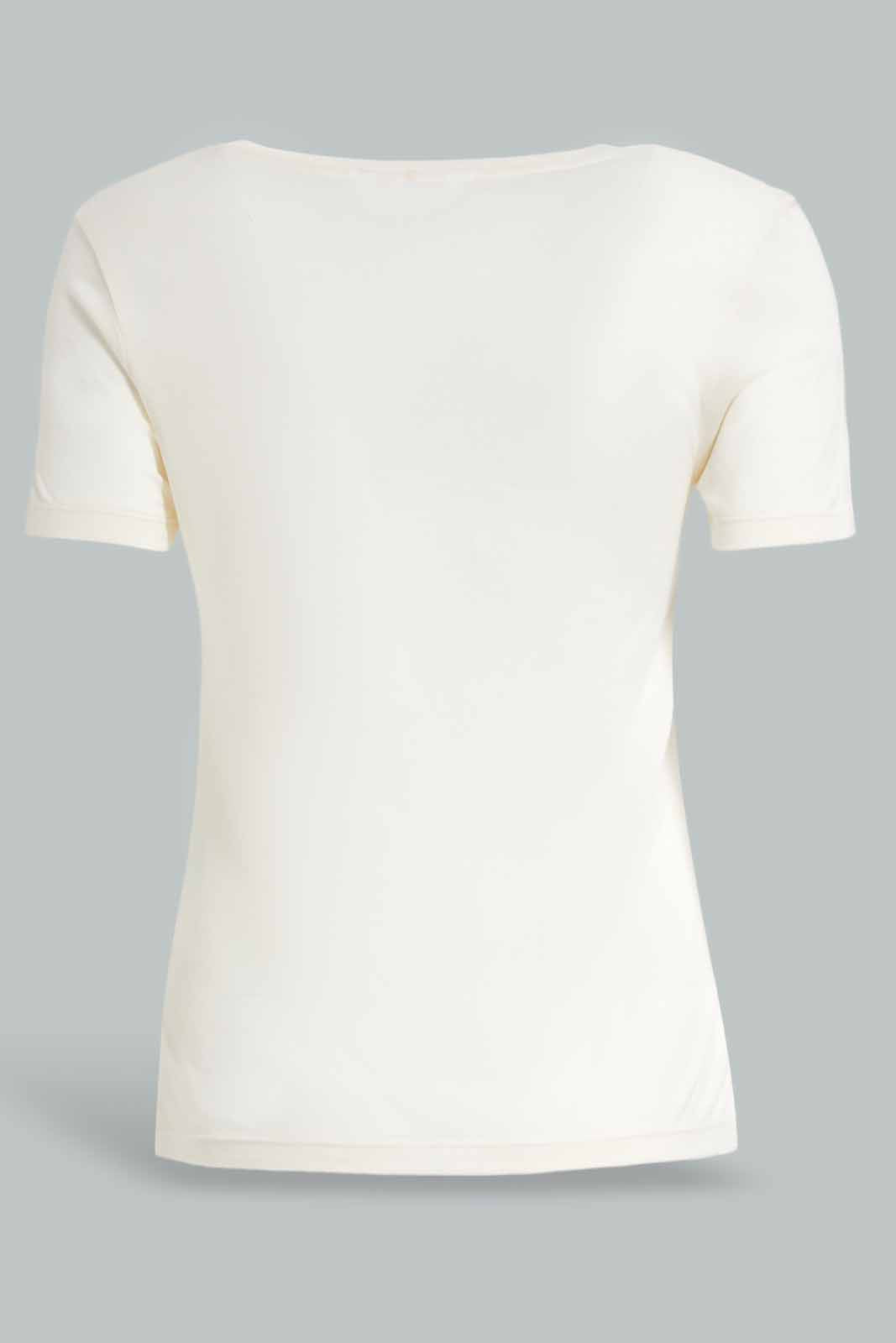 Redtag-Ivory-Short-Sleeve-V-Neck-T-Shirt-Category:T-Shirts,-Colour:Ivory,-Deals:New-In,-Filter:Women's-Clothing,-New-In-Women-APL,-Non-Sale,-Section:Women,-TBL,-W22O,-Women-T-Shirts-Women's-