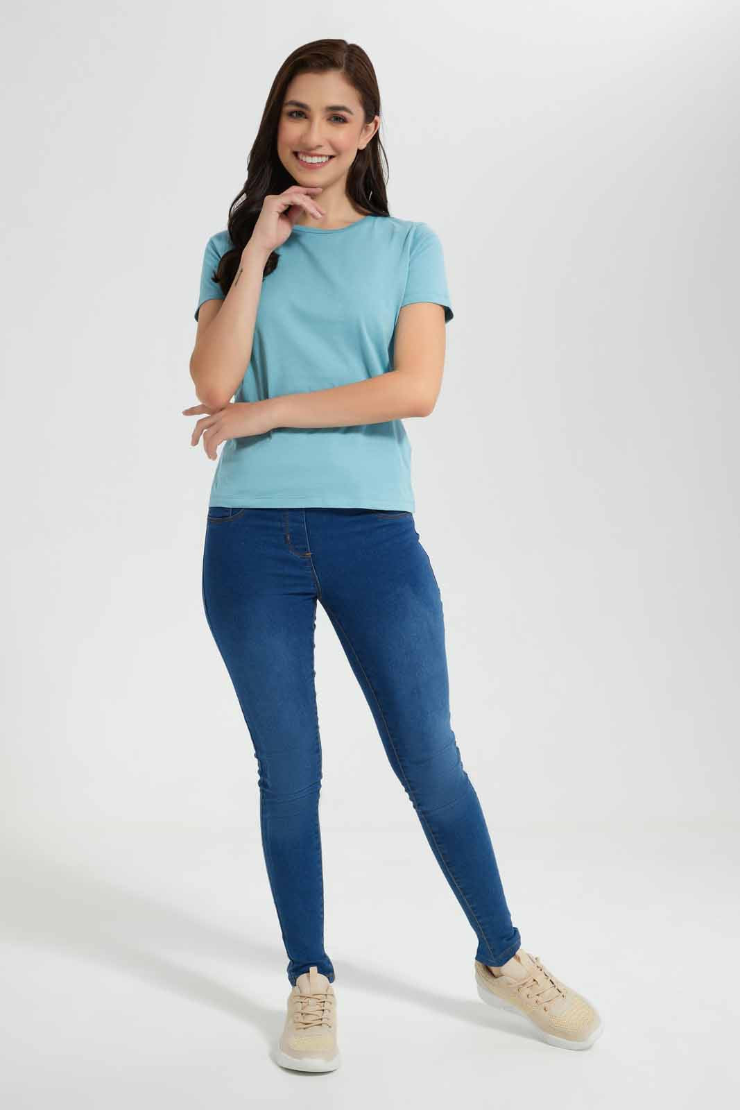 Redtag-Blue-Short-Sleeve-Crew-Neck-T-Shirt-Category:T-Shirts,-Colour:Blue,-Deals:New-In,-Filter:Women's-Clothing,-New-In-Women,-Non-Sale,-Section:Women,-TBL,-W22O,-Women-T-Shirts-Women's-