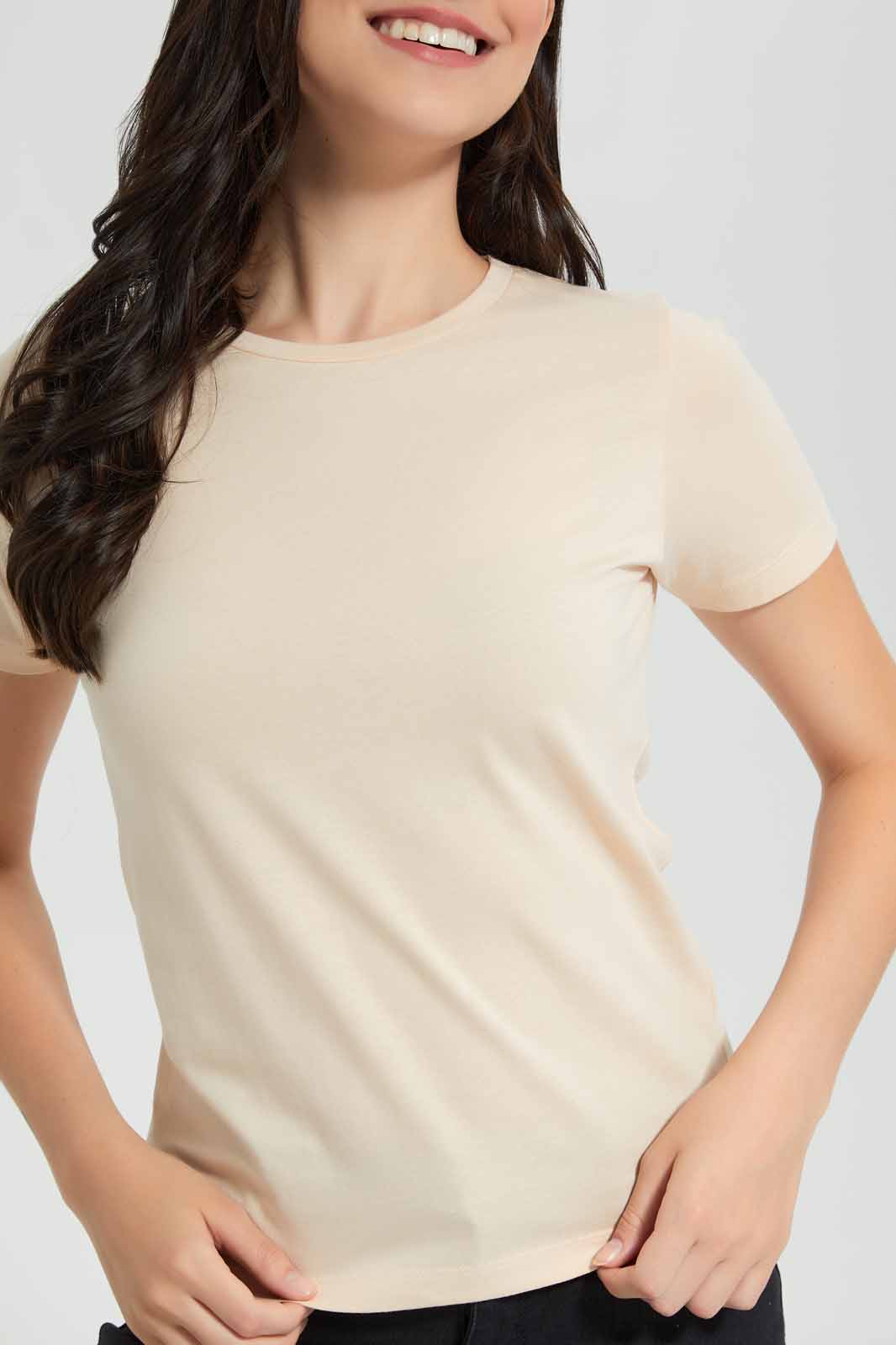 Redtag-Pink-Short-Sleeve-Crew-Neck-T-Shirt-Category:T-Shirts,-Colour:Apricot,-Deals:New-In,-Filter:Women's-Clothing,-New-In-Women,-Non-Sale,-Section:Women,-TBL,-W22O,-Women-T-Shirts-Women's-