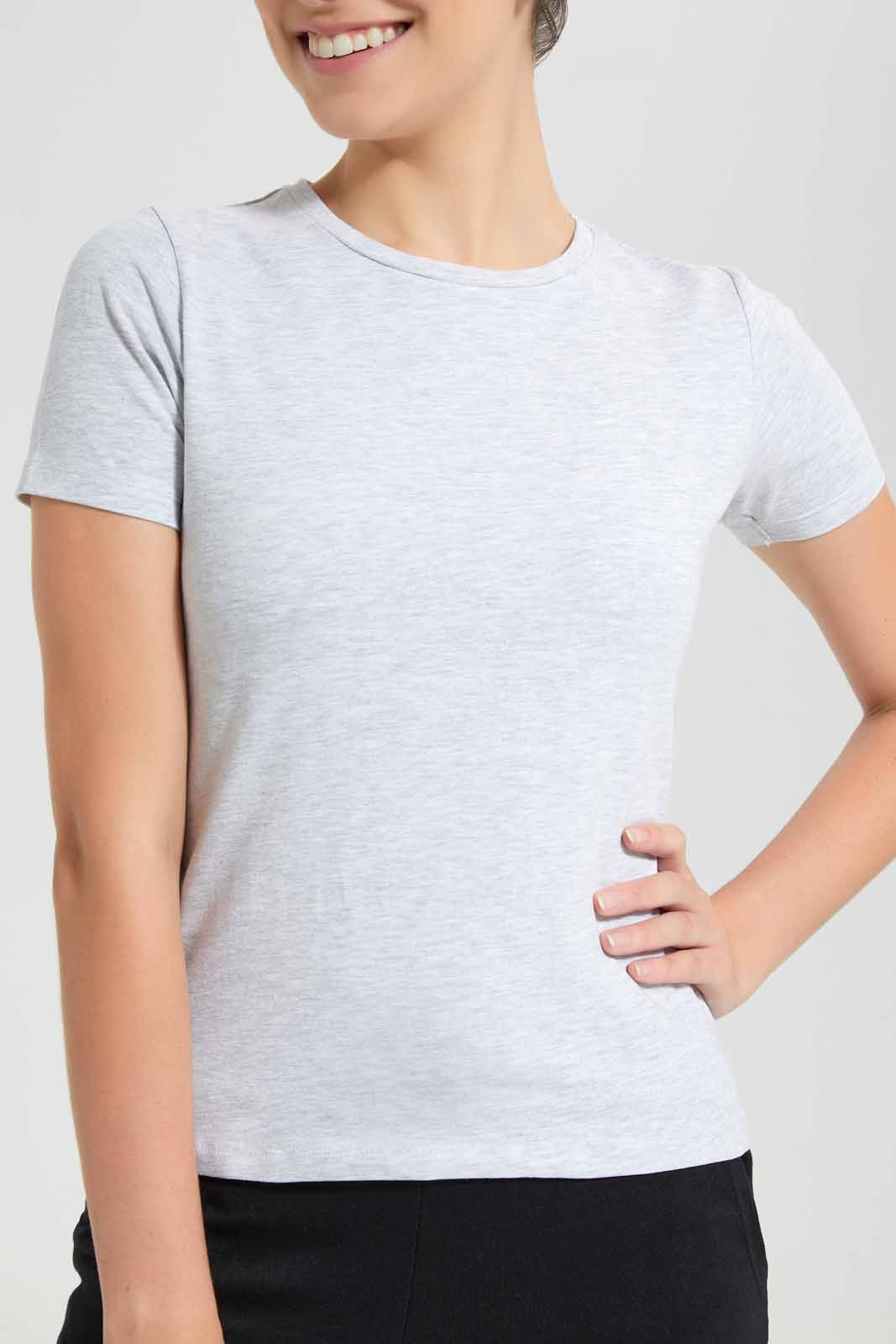 Redtag-Grey-Melange-Short-Sleeve-Crew-Neck-T-Shirt-Category:T-Shirts,-Colour:Grey,-Deals:New-In,-Filter:Women's-Clothing,-New-In-Women-APL,-Non-Sale,-Section:Women,-TBL,-W22O,-Women-T-Shirts-Women's-