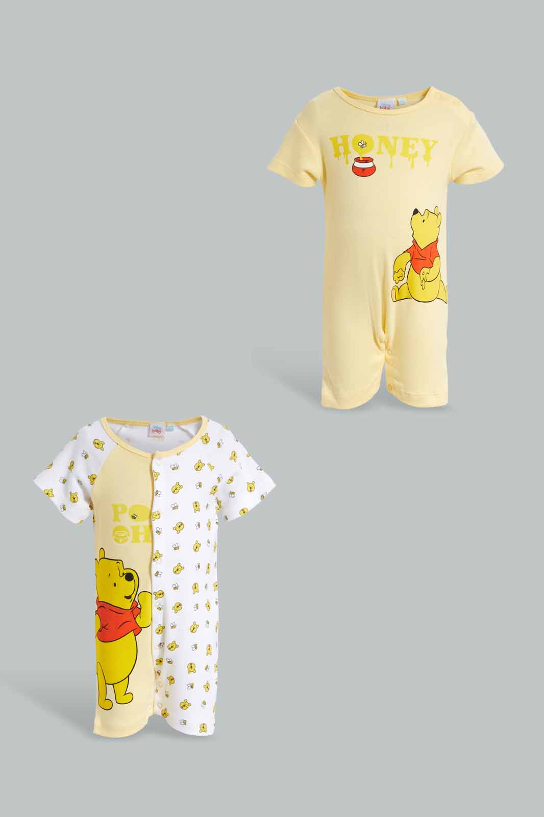 Redtag-Yellow-And-White-Winnie-The-Pooh-2-Piece-Pack-Rompers-Category:Sleepsuits,-CHR,-Colour:Yellow,-Deals:New-In,-Filter:Baby-(0-to-12-Mths),-NBB-Sleepsuits,-New-In-NBB-APL,-Non-Sale,-Section:Boys-(0-to-14Yrs),-W22O-Baby-0 to 12 Months