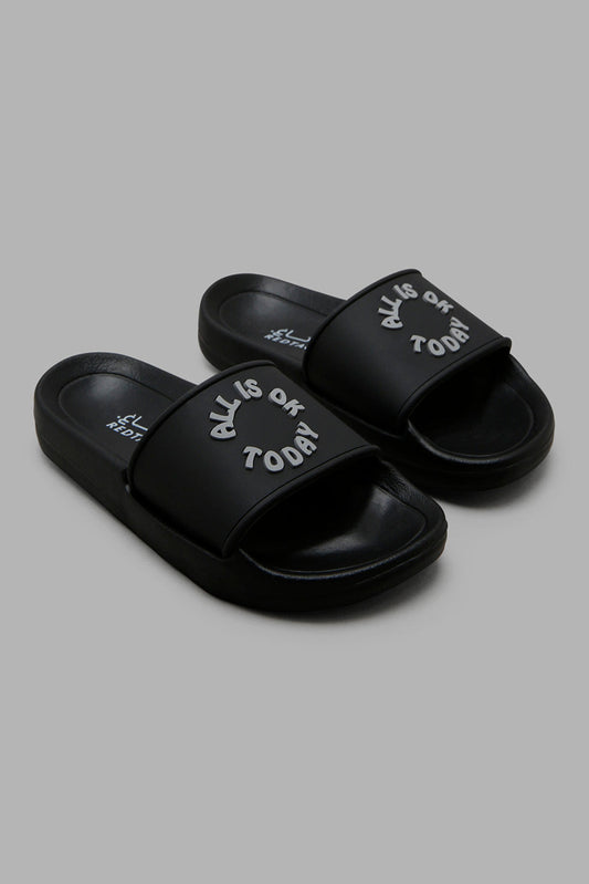 Redtag-Black-Slogan-Embossed-Slide-BOY-Flip-Flops,-Category:Flip-Flops,-Colour:Black,-Deals:New-In,-Filter:Boys-Footwear-(3-to-5-Yrs),-New-In-BOY-FOO,-Non-Sale,-Section:Boys-(0-to-14Yrs),-W22A-Boys-3 to 5 Years