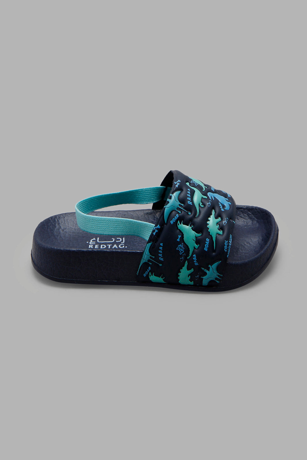 Redtag-Navy-Dinosaur-Print-Slide-With-Backstrap-BOY-Flip-Flops,-Category:Flip-Flops,-Colour:Navy,-Deals:New-In,-Filter:Boys-Footwear-(3-to-5-Yrs),-New-In-BOY-FOO,-Non-Sale,-Section:Boys-(0-to-14Yrs),-W22A-Boys-3 to 5 Years