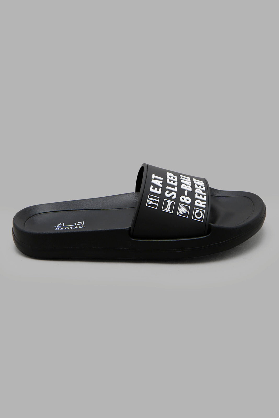 Redtag-Black-Slogan-Print-Slide-BSR-Flip-Flops,-Category:Flip-Flops,-Colour:Black,-Deals:New-In,-Filter:Boys-Footwear-(5-to-14-Yrs),-New-In-BSR-FOO,-Non-Sale,-Section:Boys-(0-to-14Yrs),-W22A-Senior-Boys-5 to 14 Years