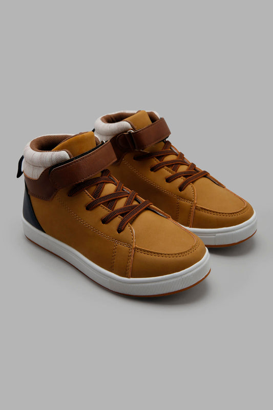 Redtag-Tan-Colour-Block-High-Top-Sneaker-BOY-Trainers,-Category:Trainers,-Colour:Tan,-Deals:New-In,-Filter:Boys-Footwear-(3-to-5-Yrs),-New-In-BOY-FOO,-Non-Sale,-Section:Boys-(0-to-14Yrs),-W22A-Boys-3 to 5 Years