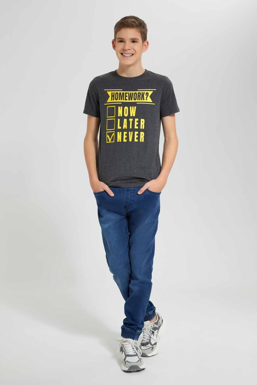 Redtag-Charcoal-Homework-Graphic-T-Shirt-BSR-T-Shirts,-Category:T-Shirts,-Colour:Charcoal,-Deals:New-In,-Filter:Senior-Boys-(9-to-14-Yrs),-New-In-BSR-APL,-Non-Sale,-Section:Boys-(0-to-14Yrs),-TBL,-W22O-Senior-Boys-9 to 14 Years