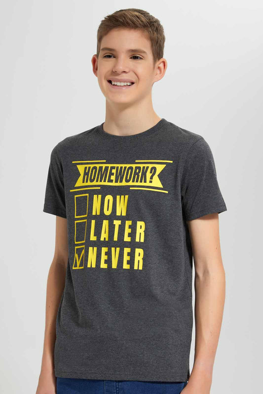 Redtag-Charcoal-Homework-Graphic-T-Shirt-BSR-T-Shirts,-Category:T-Shirts,-Colour:Charcoal,-Deals:New-In,-Filter:Senior-Boys-(9-to-14-Yrs),-New-In-BSR-APL,-Non-Sale,-Section:Boys-(0-to-14Yrs),-TBL,-W22O-Senior-Boys-9 to 14 Years