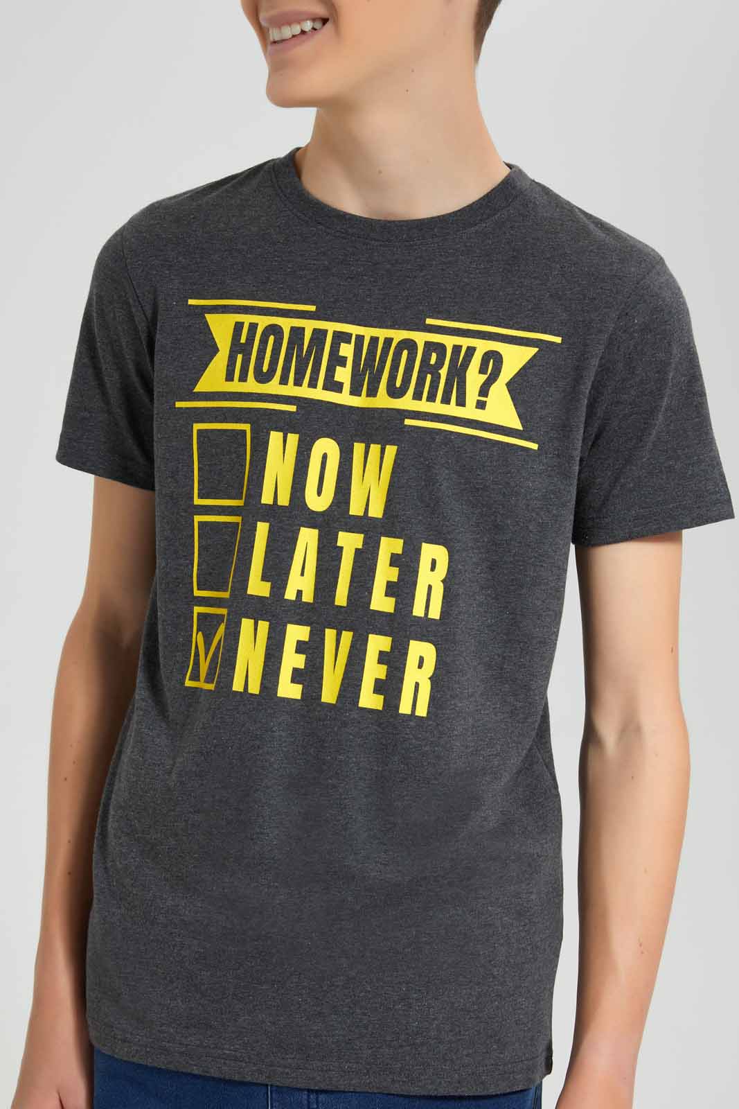 Redtag-Charcoal-Homework-Graphic-T-Shirt-BSR-T-Shirts,-Category:T-Shirts,-Colour:Charcoal,-Deals:New-In,-Filter:Senior-Boys-(9-to-14-Yrs),-New-In-BSR-APL,-Non-Sale,-Section:Boys-(0-to-14Yrs),-TBL,-W22O-Senior-Boys-9 to 14 Years