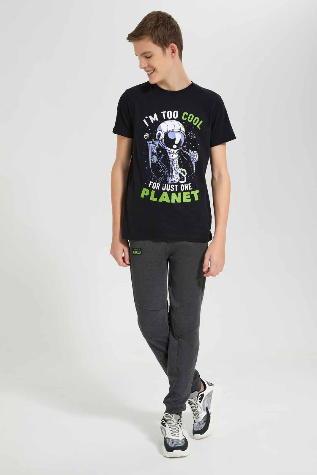 Redtag-Black-Too-Cool-For-One-Planet-Graphic-T-Shirt-BSR-T-Shirts,-Category:T-Shirts,-Colour:Black,-Deals:New-In,-Filter:Senior-Boys-(9-to-14-Yrs),-New-In-BSR-APL,-Non-Sale,-Section:Boys-(0-to-14Yrs),-TBL,-W22O-Senior-Boys-9 to 14 Years