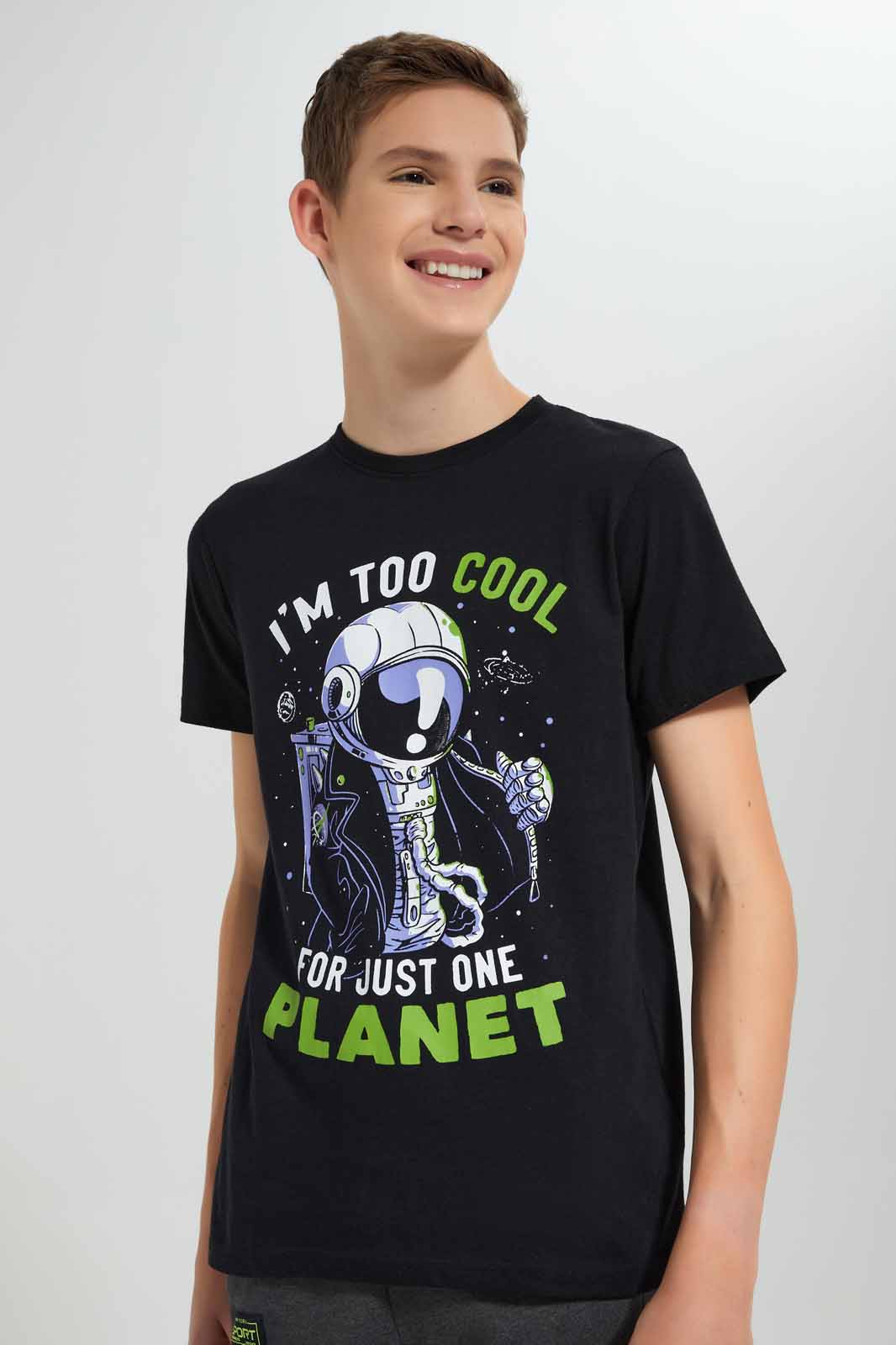 Redtag-Black-Too-Cool-For-One-Planet-Graphic-T-Shirt-BSR-T-Shirts,-Category:T-Shirts,-Colour:Black,-Deals:New-In,-Filter:Senior-Boys-(9-to-14-Yrs),-New-In-BSR-APL,-Non-Sale,-Section:Boys-(0-to-14Yrs),-TBL,-W22O-Senior-Boys-9 to 14 Years