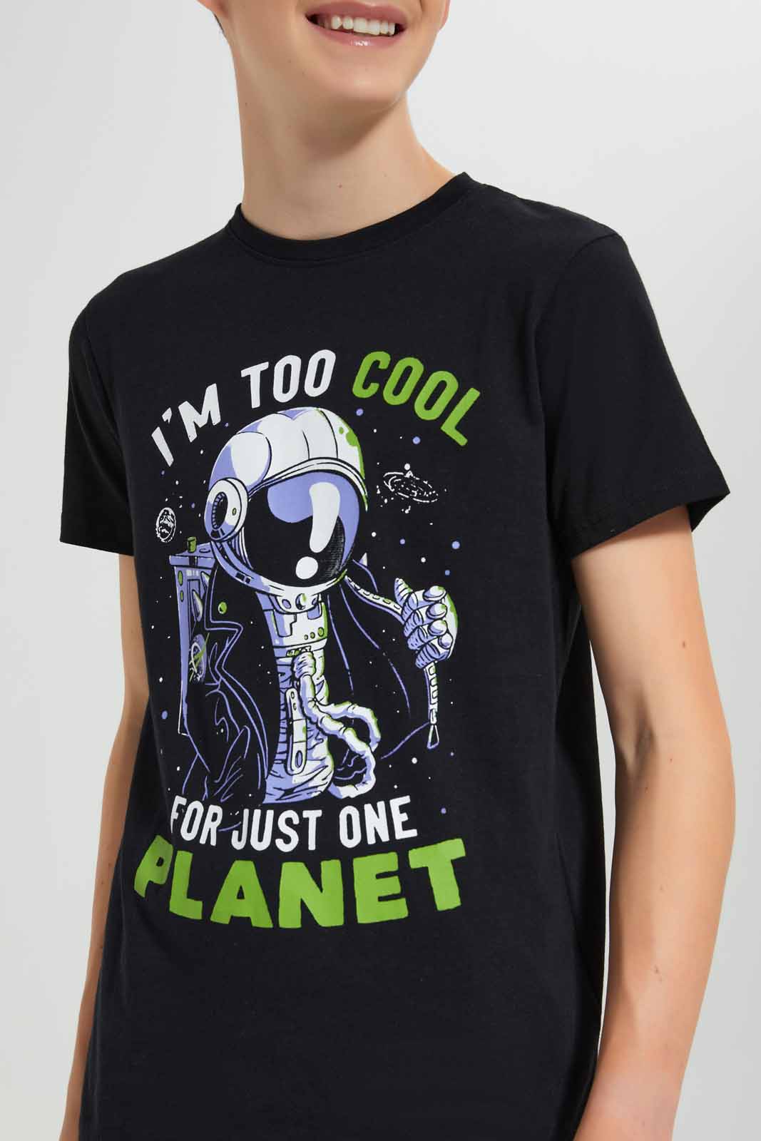 Redtag-Black-Too-Cool-For-One-Planet-Graphic-T-Shirt-BSR-T-Shirts,-Category:T-Shirts,-Colour:Black,-Deals:New-In,-Filter:Senior-Boys-(9-to-14-Yrs),-New-In-BSR-APL,-Non-Sale,-Section:Boys-(0-to-14Yrs),-TBL,-W22O-Senior-Boys-9 to 14 Years