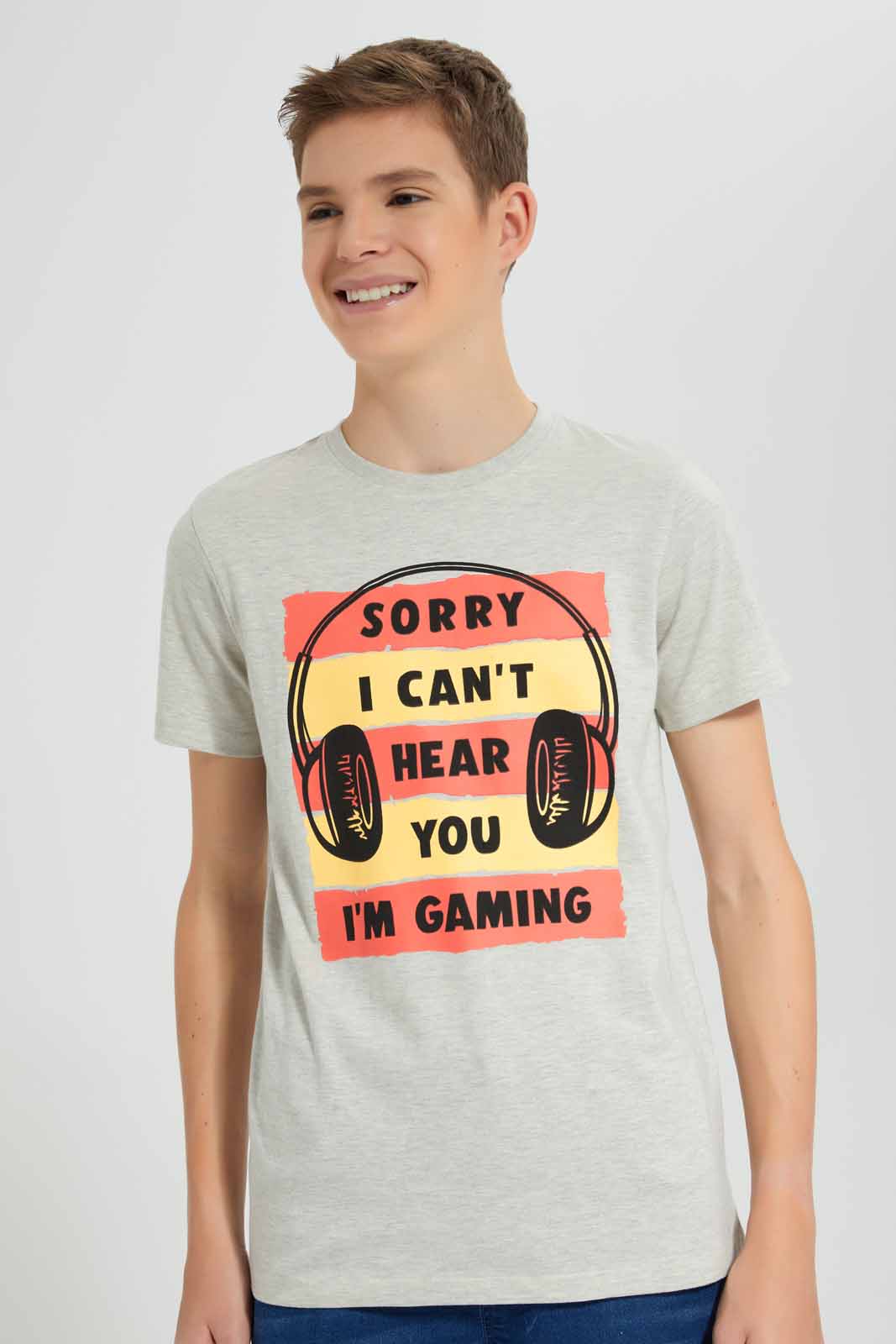 Redtag-Ecru-Cant-Hear-You-Gaming-Graphic-T-Shirt-BSR-T-Shirts,-Category:T-Shirts,-Colour:Ecru,-Deals:New-In,-Filter:Senior-Boys-(9-to-14-Yrs),-New-In-BSR-APL,-Non-Sale,-Section:Boys-(0-to-14Yrs),-TBL,-W22O-Senior-Boys-9 to 14 Years