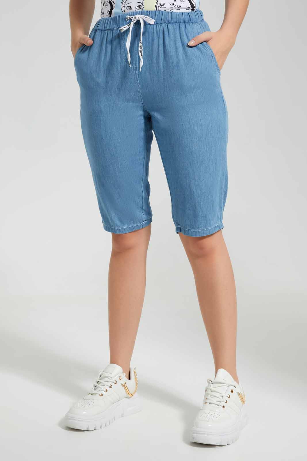 Redtag-Light-Blue-Chambay-Knee-Length-Shorts-Category:Jeans,-Colour:Light-Wash,-Deals:New-In,-Filter:Women's-Clothing,-New-In-Women,-Non-Sale,-S22D,-Section:Women,-Women-Jeans-Women's-