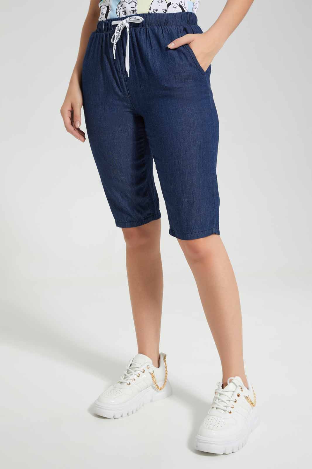 Redtag-Dark-Blue-Chambay-Knee-Length-Shorts-Category:Jeans,-Colour:Dark-Wash,-Deals:New-In,-Filter:Women's-Clothing,-New-In-Women,-Non-Sale,-S22D,-Section:Women,-Women-Jeans-Women's-