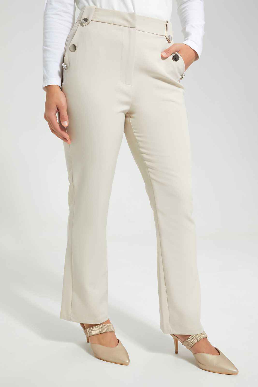 Redtag-Sand-Button-Detail-Centre-Crease-Trouser-Category:Trousers,-Colour:Sand,-Deals:New-In,-Filter:Women's-Clothing,-LMC,-New-In-Women-APL,-Non-Sale,-Section:Women,-W22O,-Women-Trousers--
