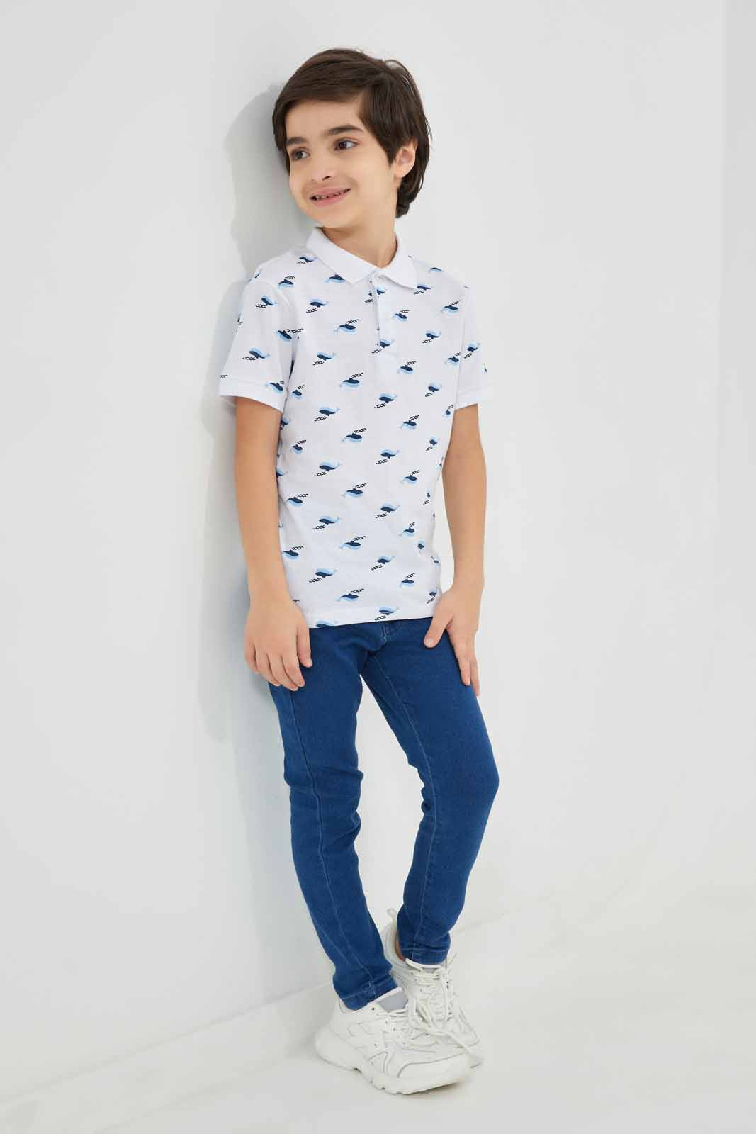 Redtag-White-Dolphin-AOP-SS-SS-Polo-BOY-Polo-T-Shirts,-Category:Polo-T-Shirts,-Colour:White,-Deals:New-In,-Filter:Boys-(2-to-8-Yrs),-New-In-BOY-APL,-Non-Sale,-Section:Boys-(0-to-14Yrs),-W22O-Boys-2 to 8 Years