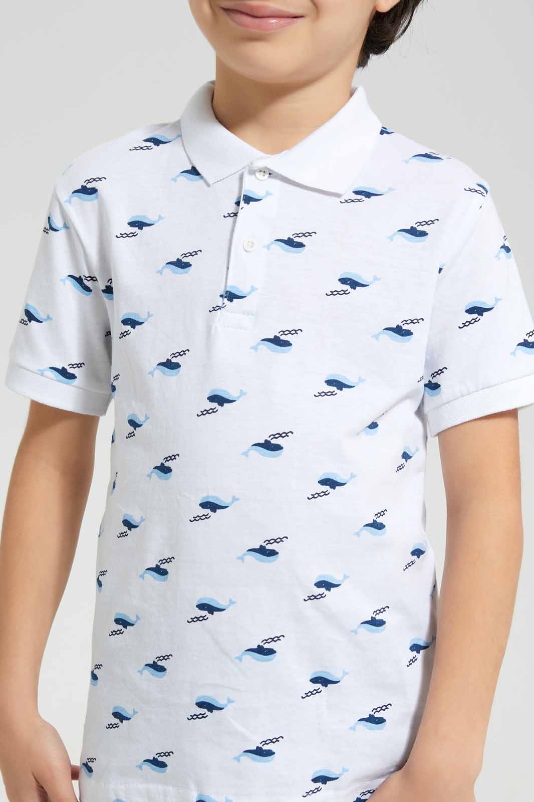 Redtag-White-Dolphin-AOP-SS-SS-Polo-BOY-Polo-T-Shirts,-Category:Polo-T-Shirts,-Colour:White,-Deals:New-In,-Filter:Boys-(2-to-8-Yrs),-New-In-BOY-APL,-Non-Sale,-Section:Boys-(0-to-14Yrs),-W22O-Boys-2 to 8 Years