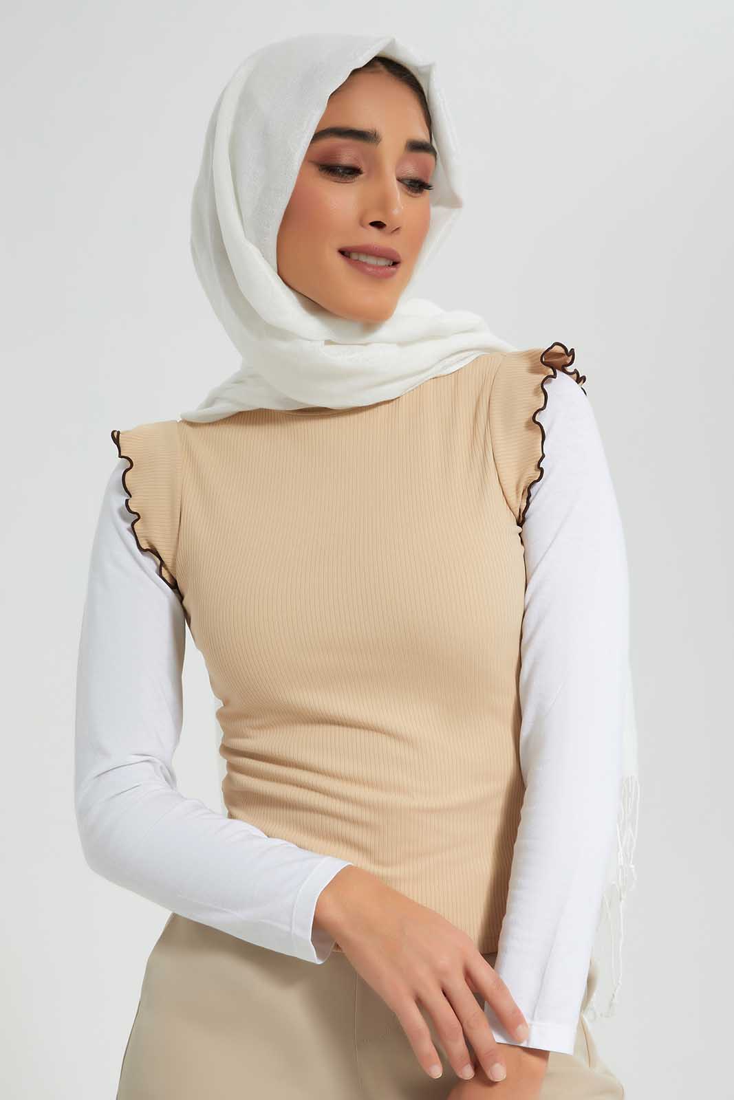 Redtag-Hi-Neck-Contrast-Ruffled-Tipping-Ribbed-Top-Category:Tops,-Colour:Apricot,-Deals:New-In,-Filter:Women's-Clothing,-LMC,-New-In-Women-APL,-Non-Sale,-Section:Women,-W22O,-Women-Tops--
