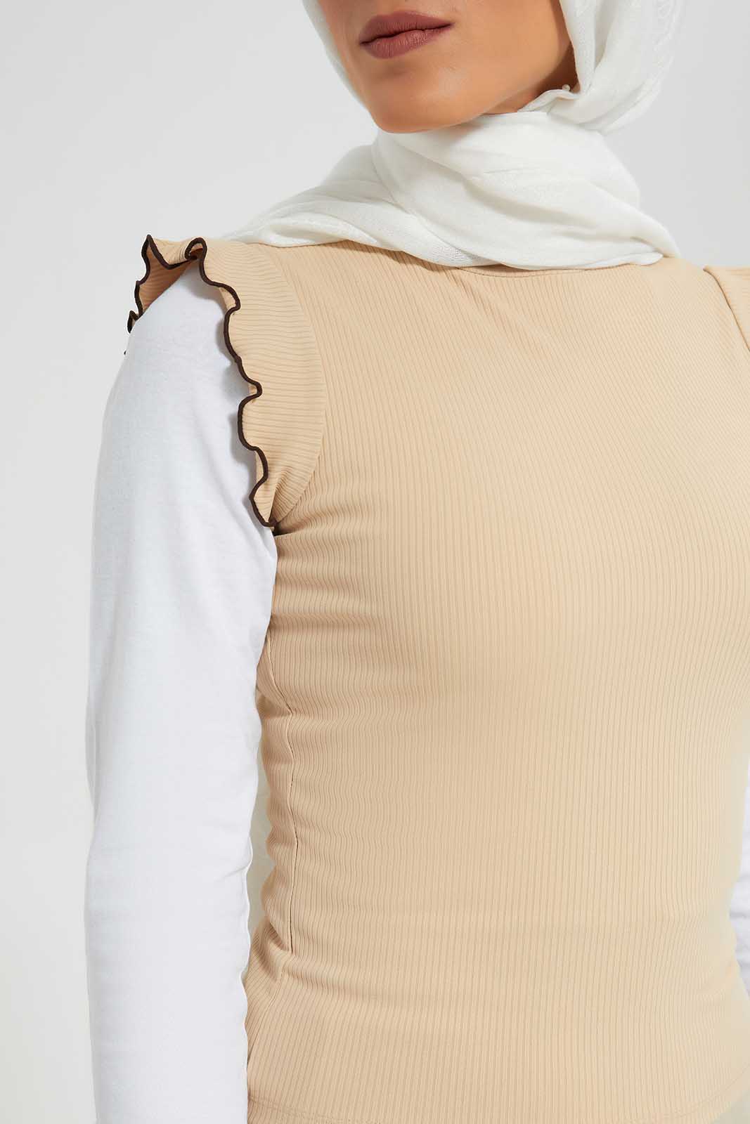 Redtag-Hi-Neck-Contrast-Ruffled-Tipping-Ribbed-Top-Category:Tops,-Colour:Apricot,-Deals:New-In,-Filter:Women's-Clothing,-LMC,-New-In-Women-APL,-Non-Sale,-Section:Women,-W22O,-Women-Tops--