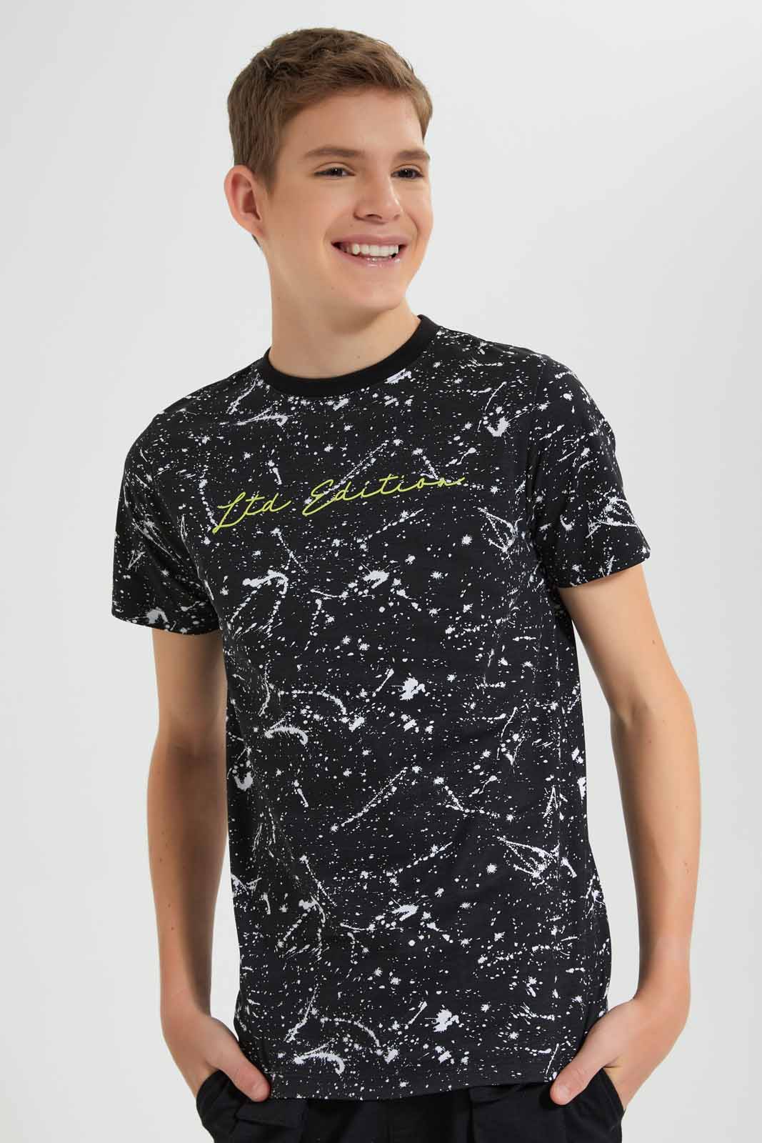 Redtag-Black-Splatter-T-Shirt-BSR-T-Shirts,-Category:T-Shirts,-Colour:Black,-Deals:New-In,-Filter:Senior-Boys-(9-to-14-Yrs),-New-In-BSR-APL,-Non-Sale,-Section:Boys-(0-to-14Yrs),-TBL,-W22O-Senior-Boys-9 to 14 Years