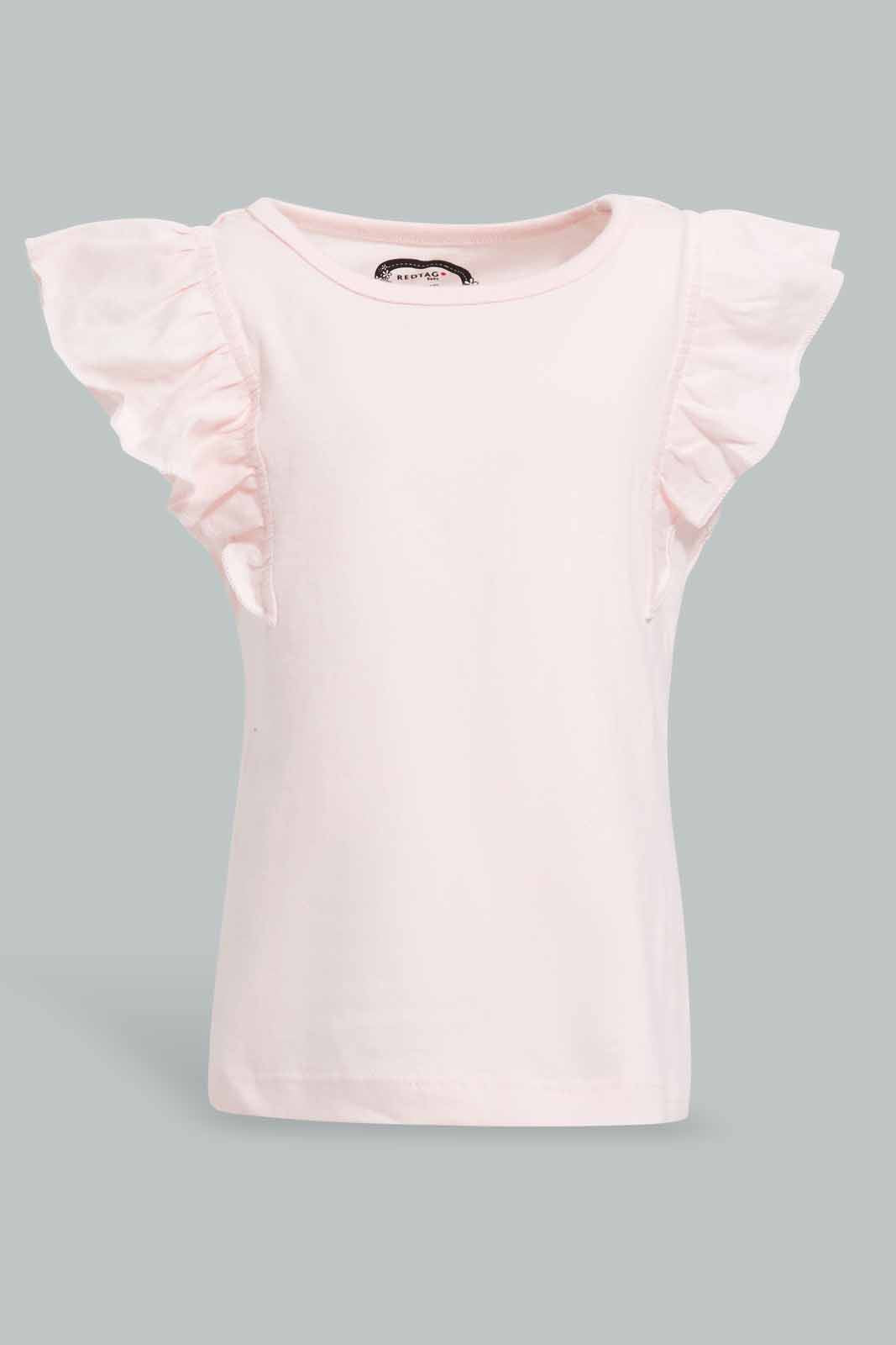 Redtag-Pink-Frilled-Sleeves-Solid-T-Shirt-Category:T-Shirts,-Colour:Apricot,-Deals:New-In,-Filter:Infant-Girls-(3-to-24-Mths),-ING-T-Shirts,-New-In-ING-APL,-Non-Sale,-Section:Girls-(0-to-14Yrs),-TBL,-W22O-Infant-Girls-3 to 24 Months