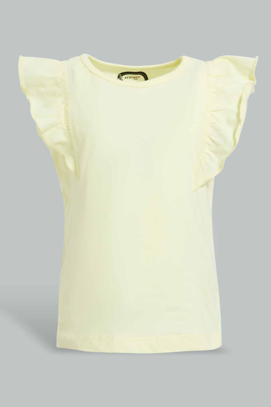 Redtag-Yellow-Frilled-Sleeves-Solid-T-Shirt-Category:T-Shirts,-Colour:Yellow,-Deals:New-In,-Filter:Infant-Girls-(3-to-24-Mths),-ING-T-Shirts,-New-In-ING-APL,-Non-Sale,-Section:Girls-(0-to-14Yrs),-TBL,-W22O-Infant-Girls-3 to 24 Months
