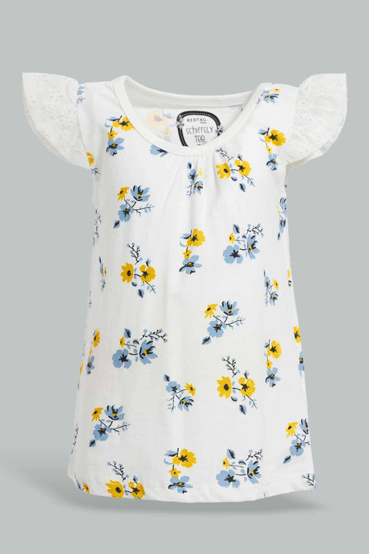 Redtag-Off-White-Schiffly-Slvs-Floral-AOP-Jersey-Top-Category:Blouses,-Colour:White,-Deals:New-In,-Filter:Infant-Girls-(3-to-24-Mths),-ING-Blouses,-New-In-ING-APL,-Non-Sale,-Section:Girls-(0-to-14Yrs),-TBL,-W22O-Infant-Girls-3 to 24 Months