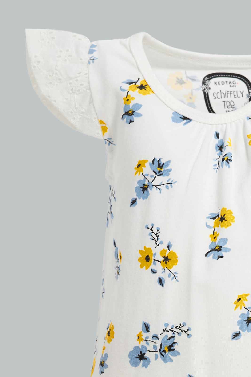 Redtag-Off-White-Schiffly-Slvs-Floral-AOP-Jersey-Top-Category:Blouses,-Colour:White,-Deals:New-In,-Filter:Infant-Girls-(3-to-24-Mths),-ING-Blouses,-New-In-ING-APL,-Non-Sale,-Section:Girls-(0-to-14Yrs),-TBL,-W22O-Infant-Girls-3 to 24 Months